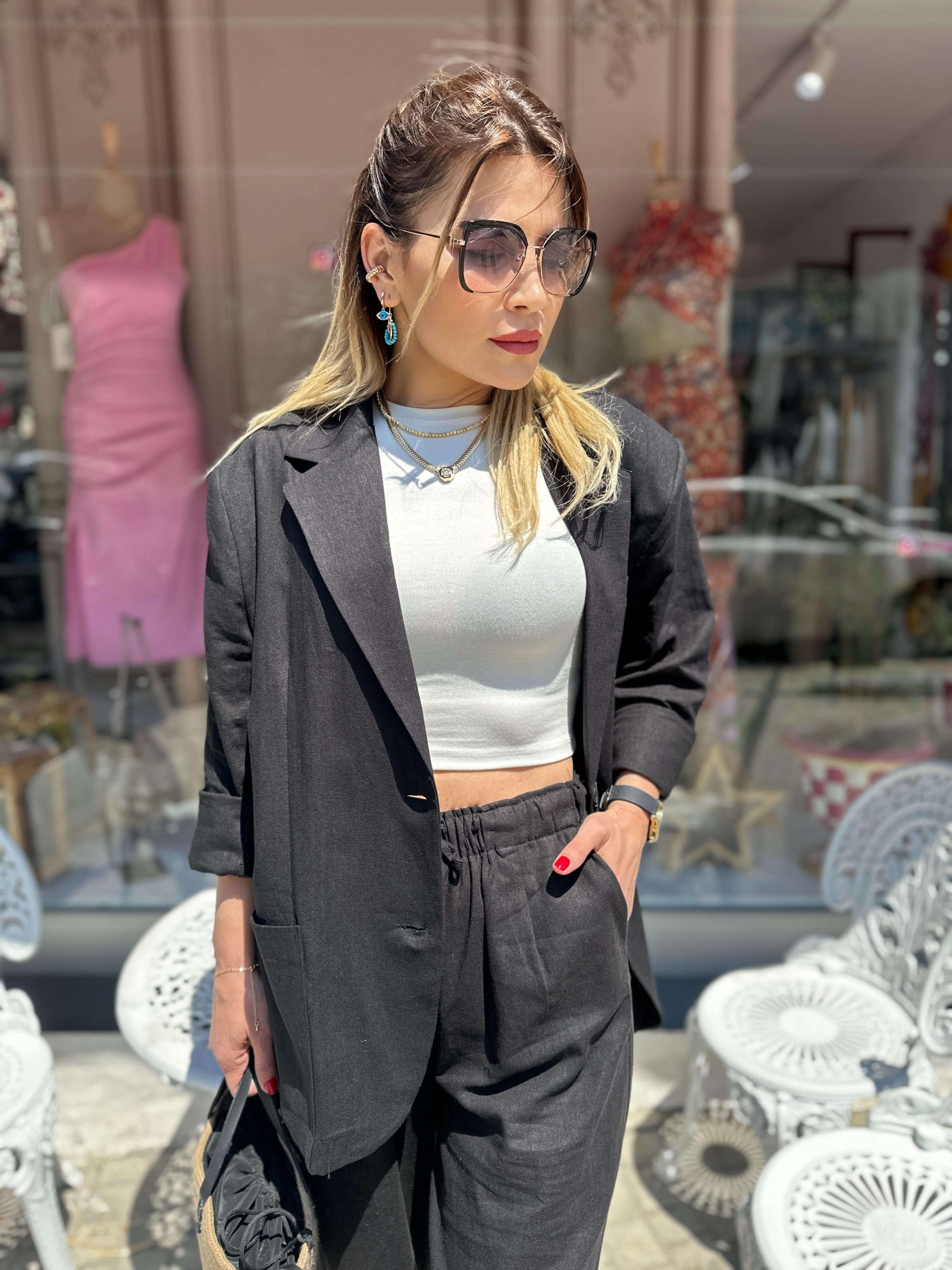 Siyah Ham Keten Blazer