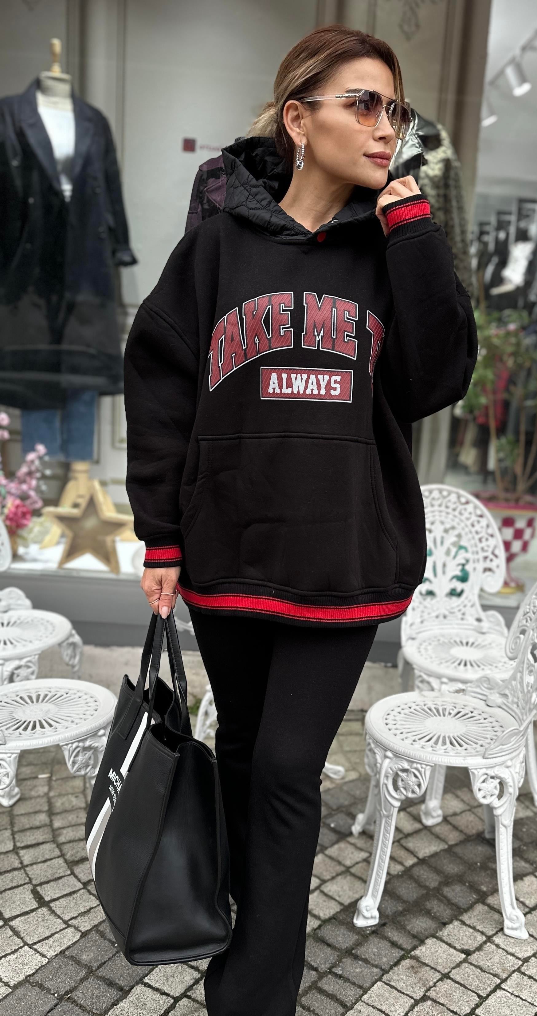 Siyah Kapitone Kapüşonlu Baskılı Sweat
