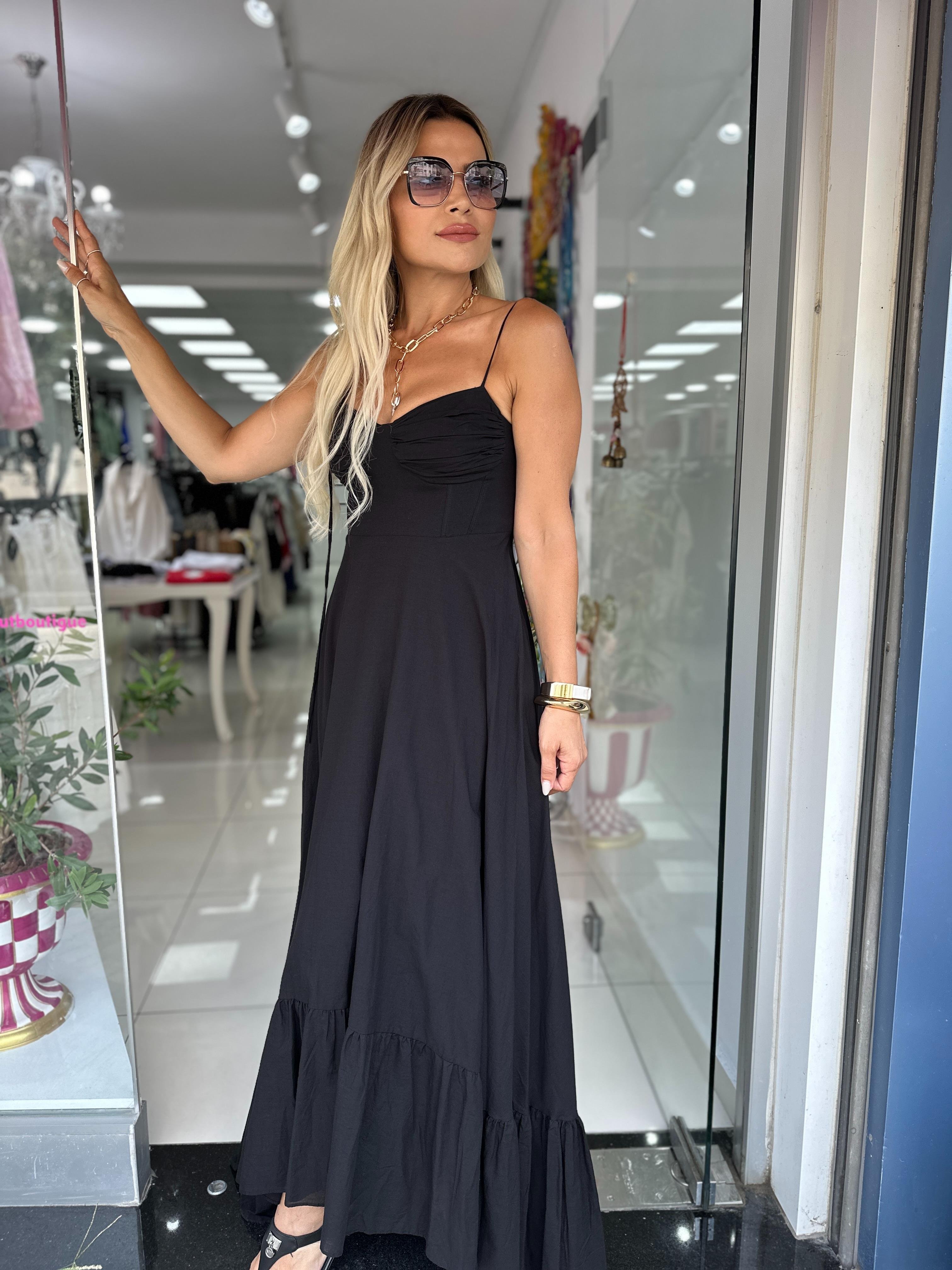 Siyah Keten İç Pamuk Astarlı Elbise