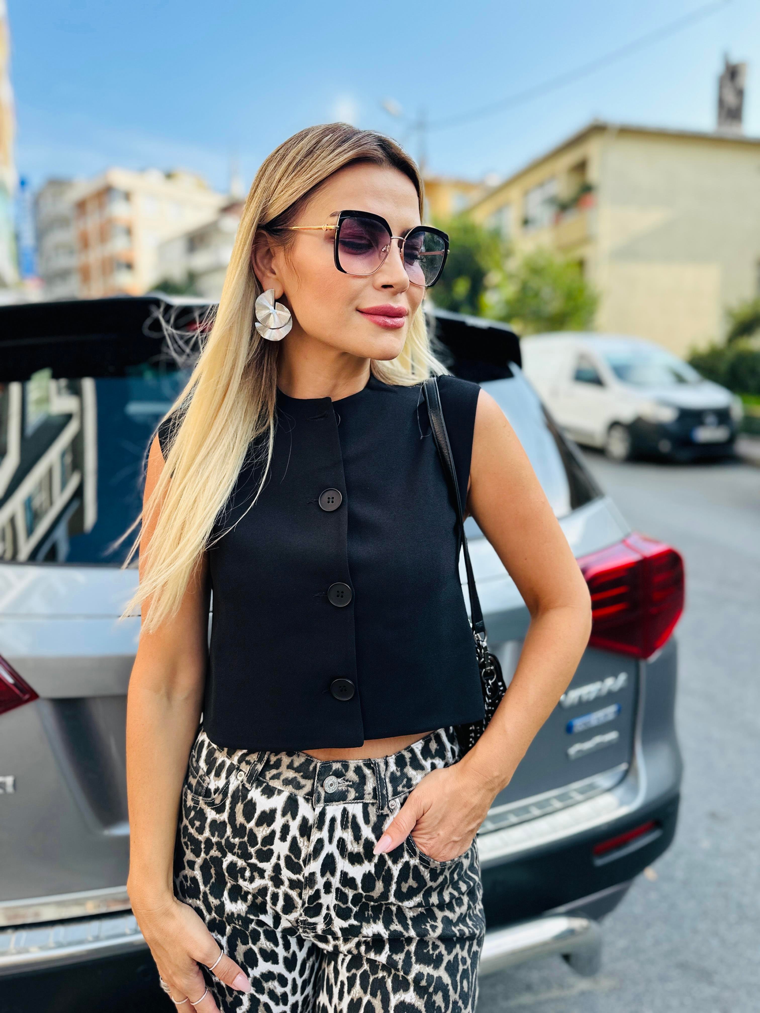 Siyah Krep Kumaş Yelek 