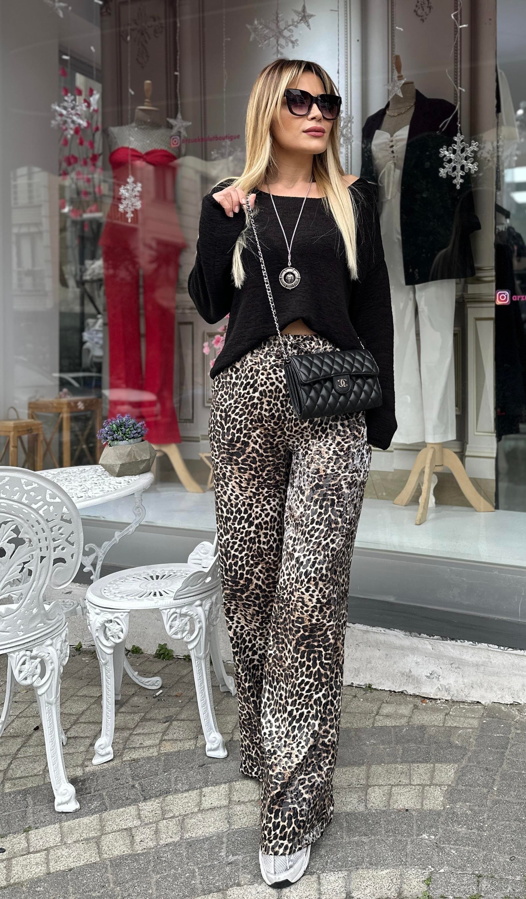 Siyah Leopar Desenli Pantolon