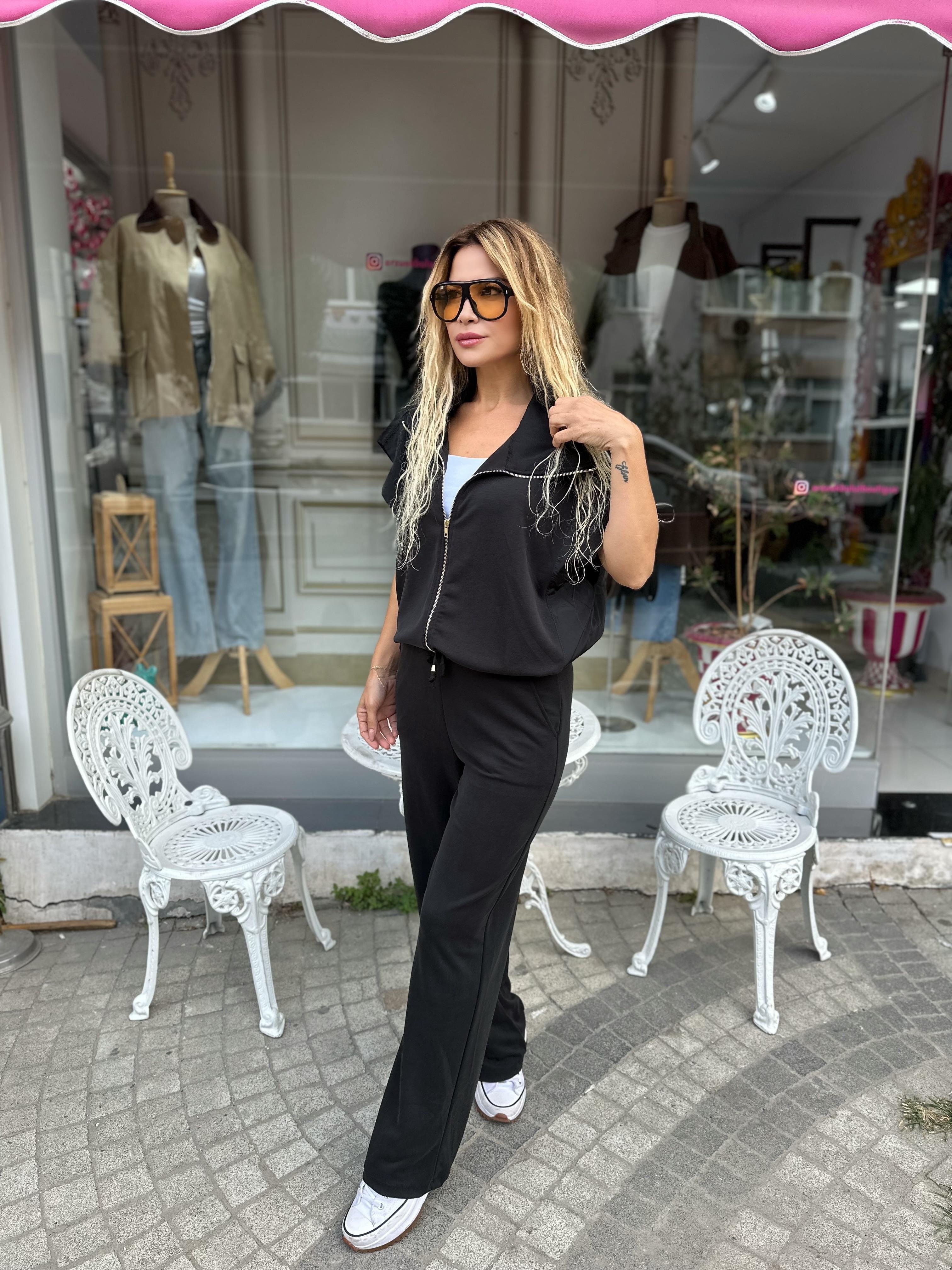 Siyah Modal Kumaş Yelekli Takım