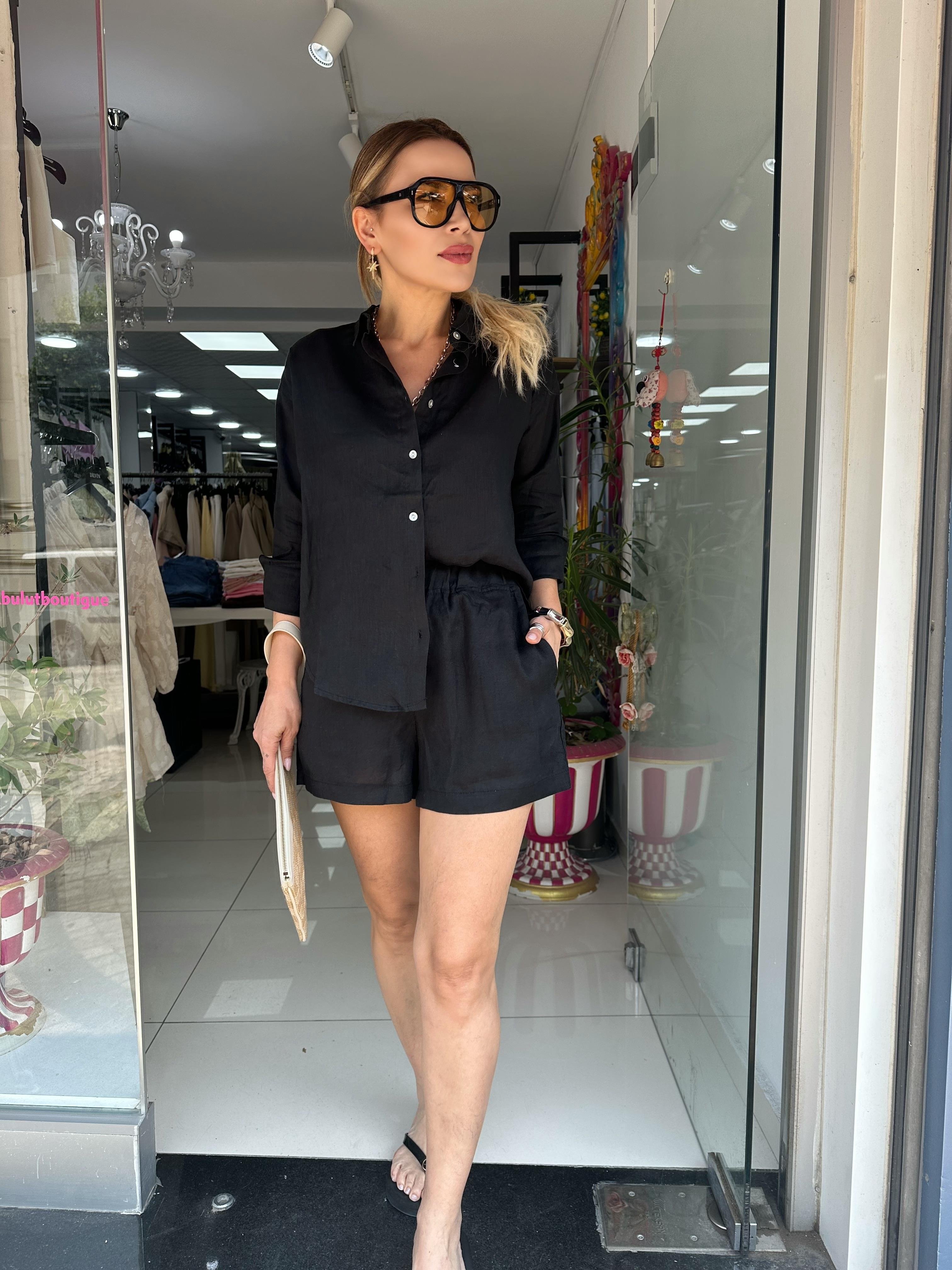 Siyah Natural Keten Beli Lastikli Şort