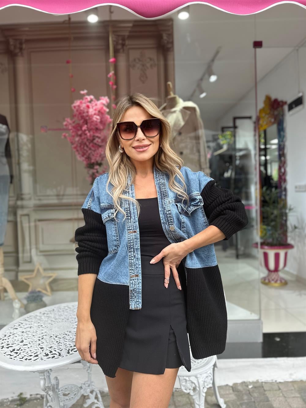 Siyah Örgü Detaylı Kot Ceket 