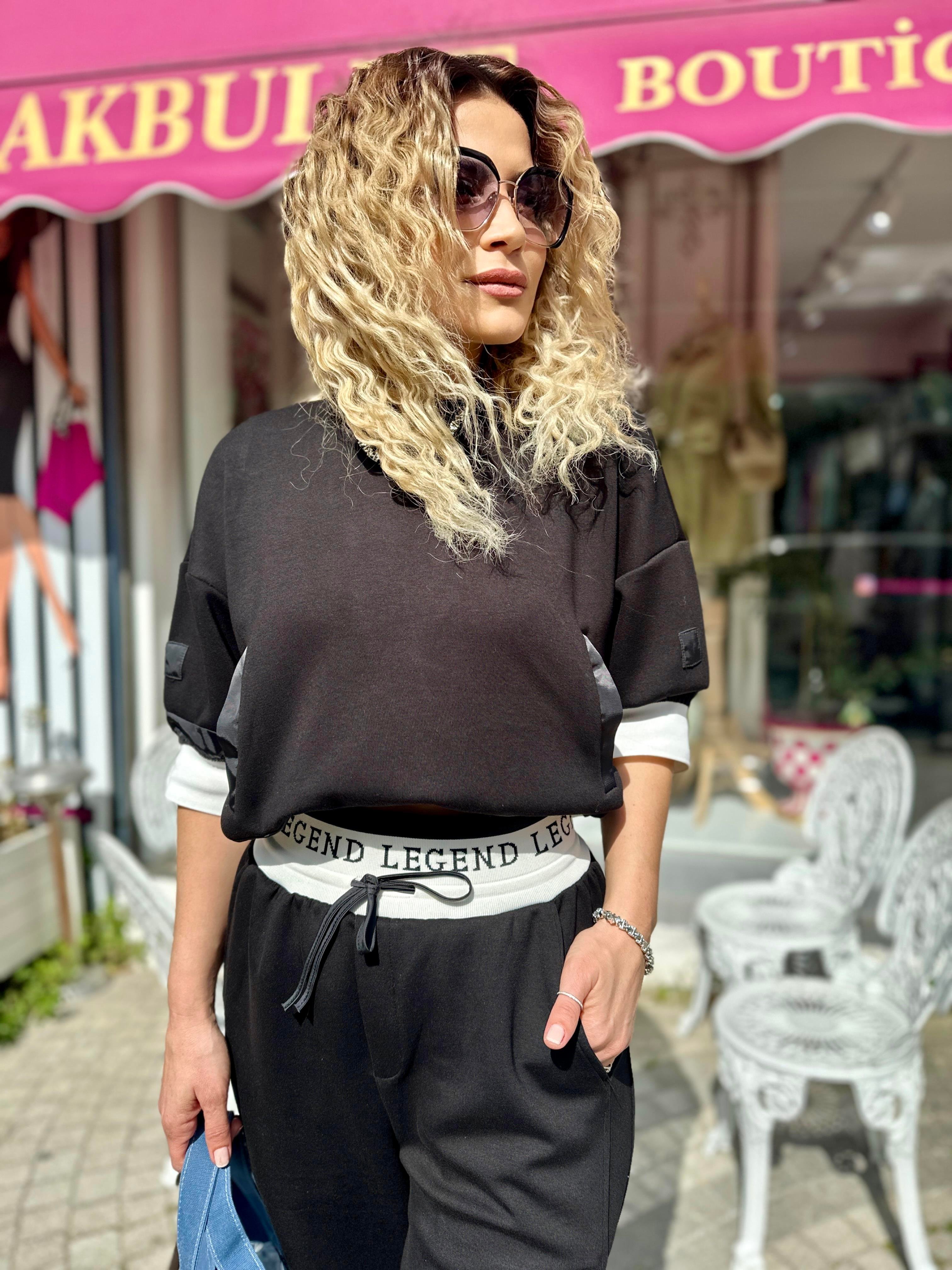 Siyah Slogan Jakarlı Sweatshırt