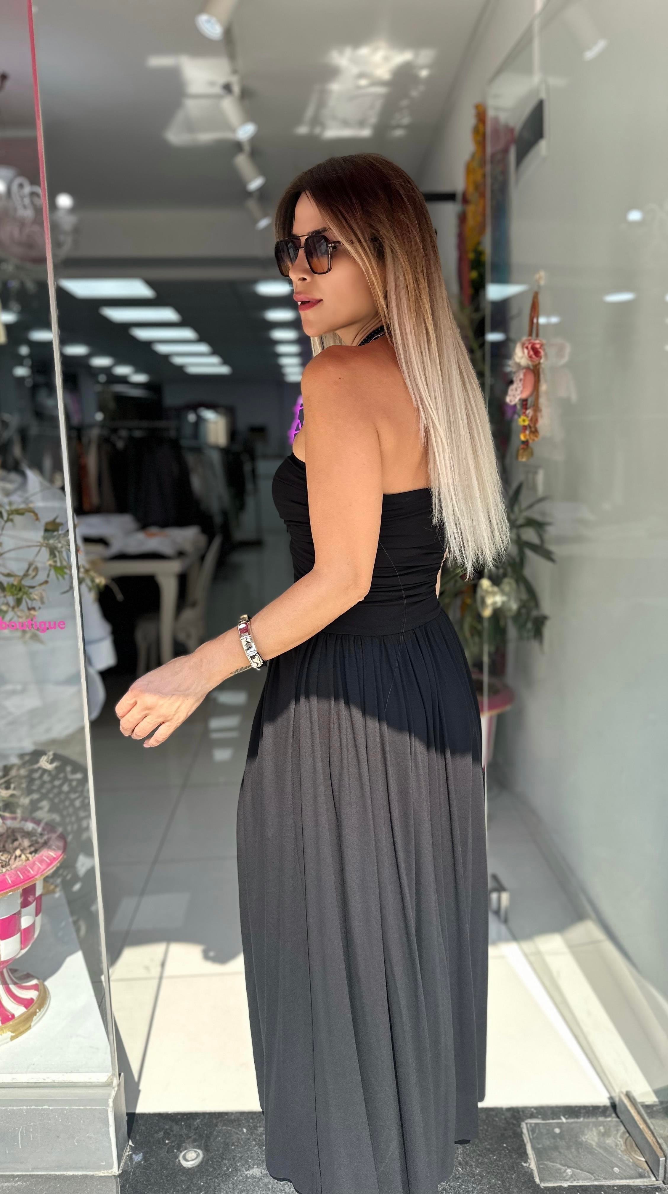 Siyah Straplez Büzgülü Elbise