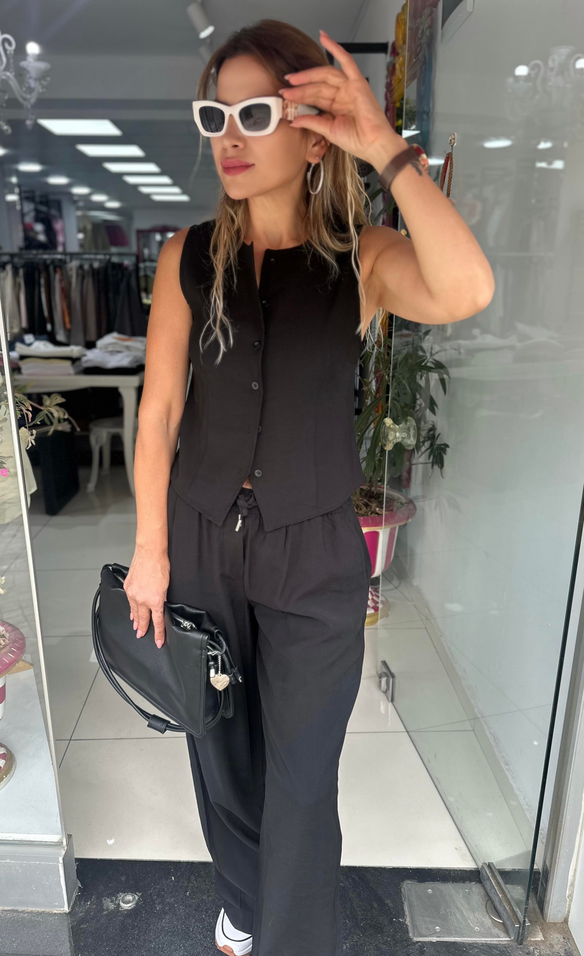 Siyah Tensel Kumaş Yelek Pantolon Takım