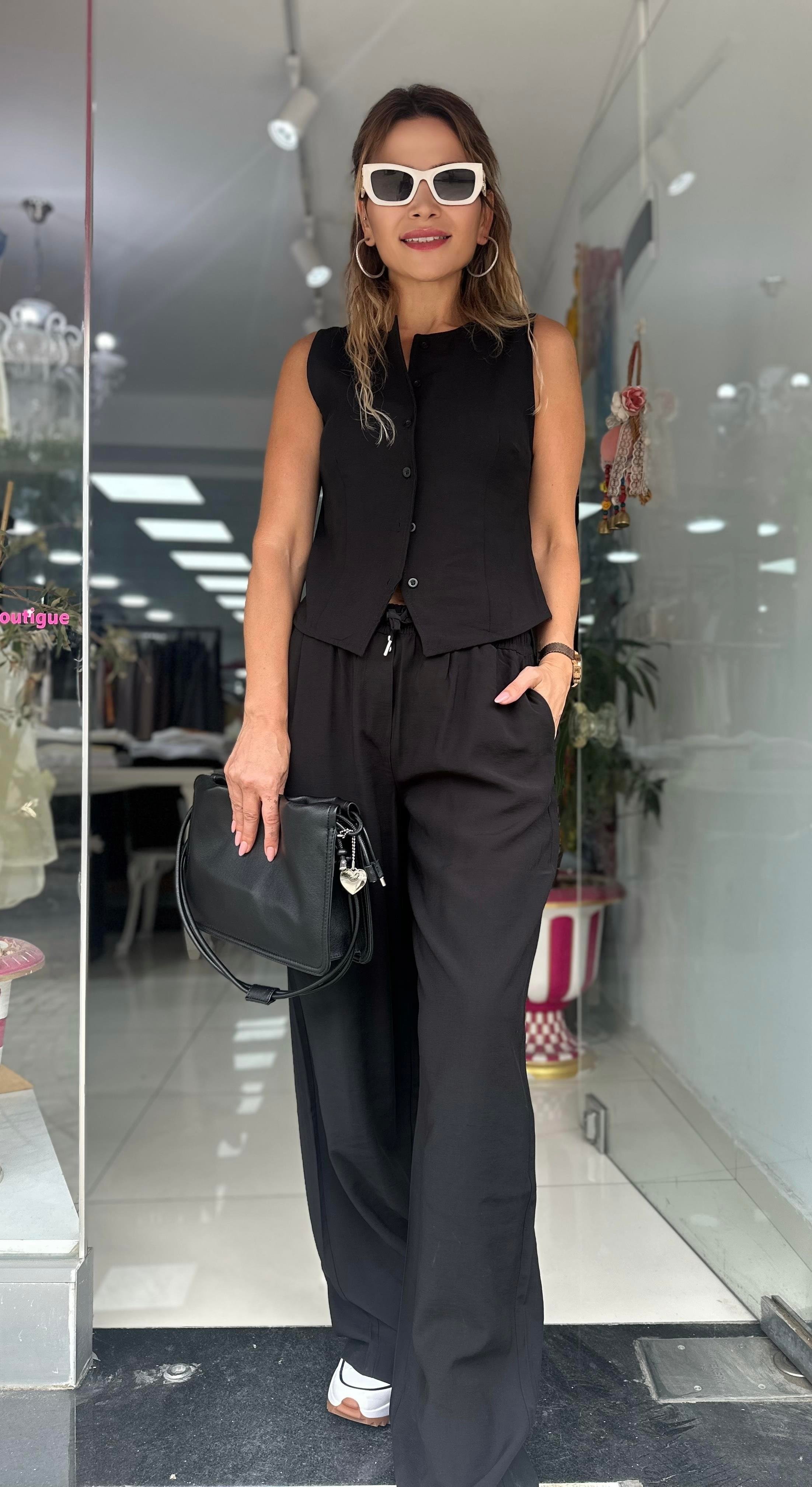 Siyah Tensel Kumaş Yelek Pantolon Takım