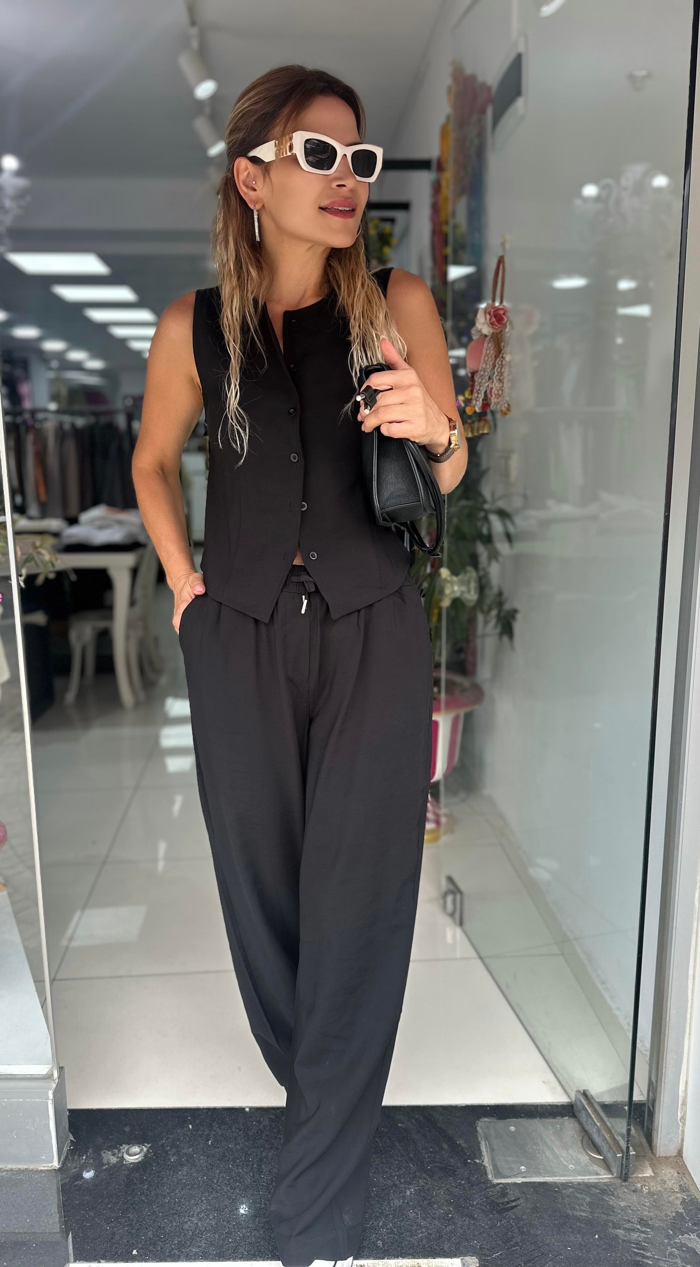 Siyah Tensel Kumaş Yelek Pantolon Takım