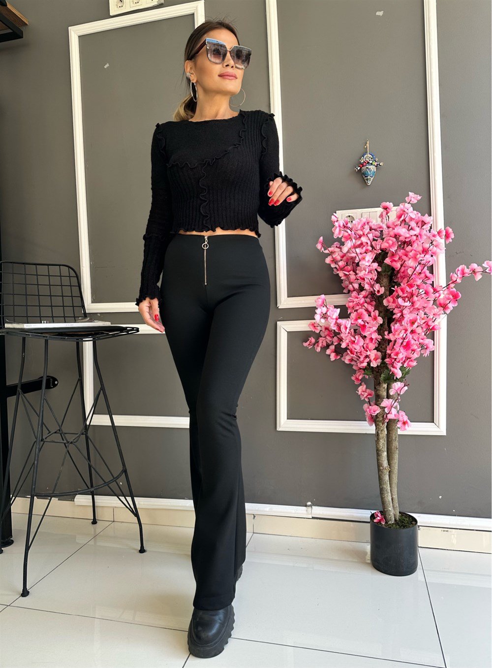 SMY Fermuar Detay Siyah Tayt Pantolon