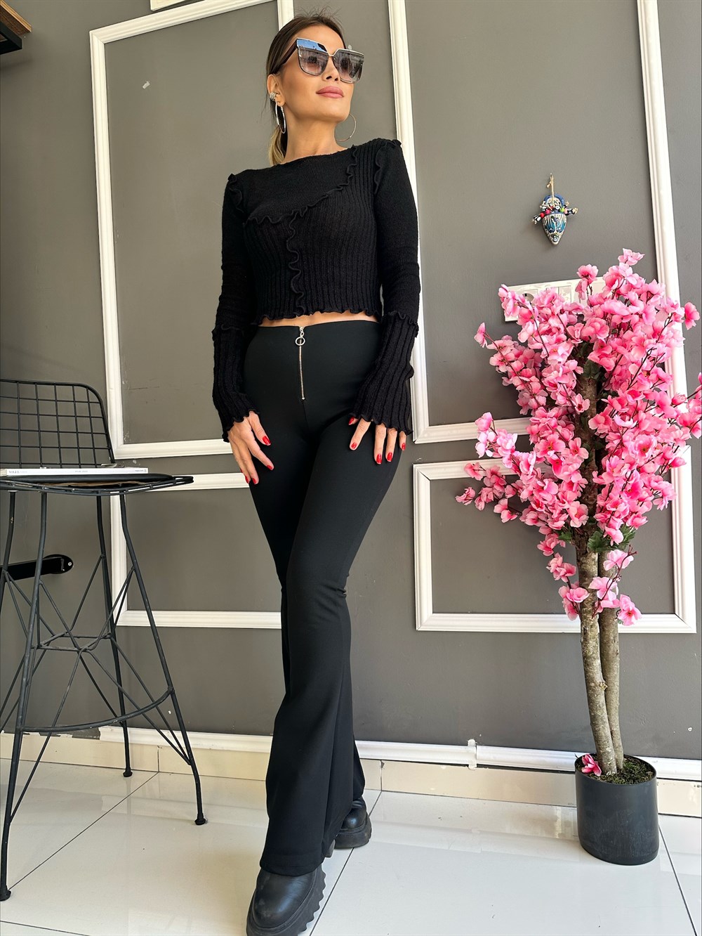 SMY Fermuar Detay Siyah Tayt Pantolon