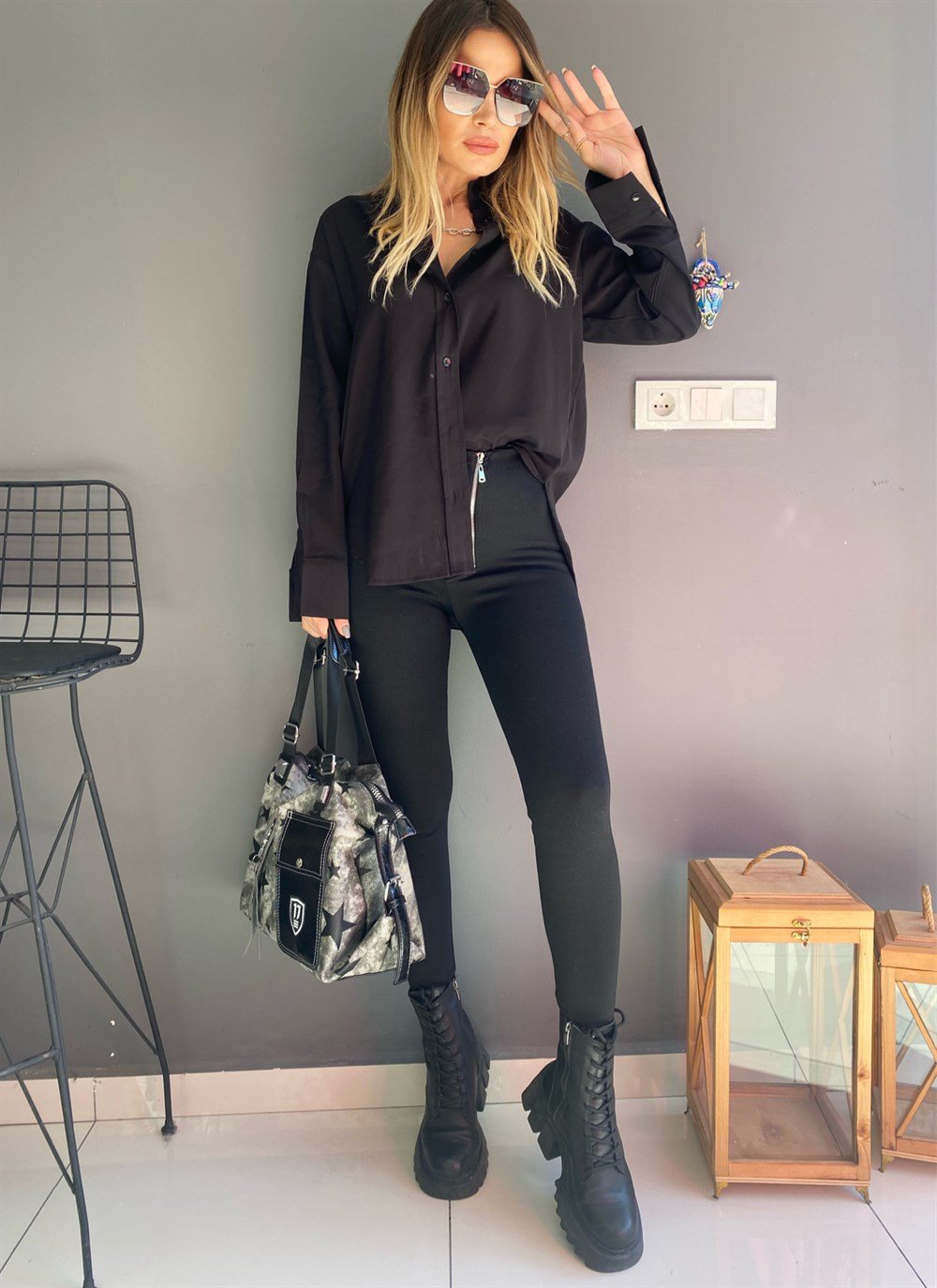 SMY Metal Detay Sİyah Tayt