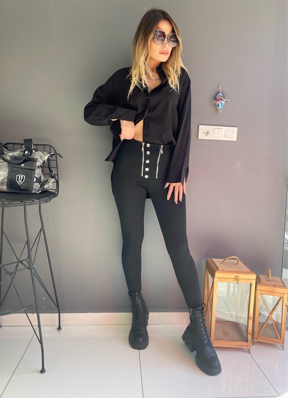 SMY Metal Detay Sİyah Tayt