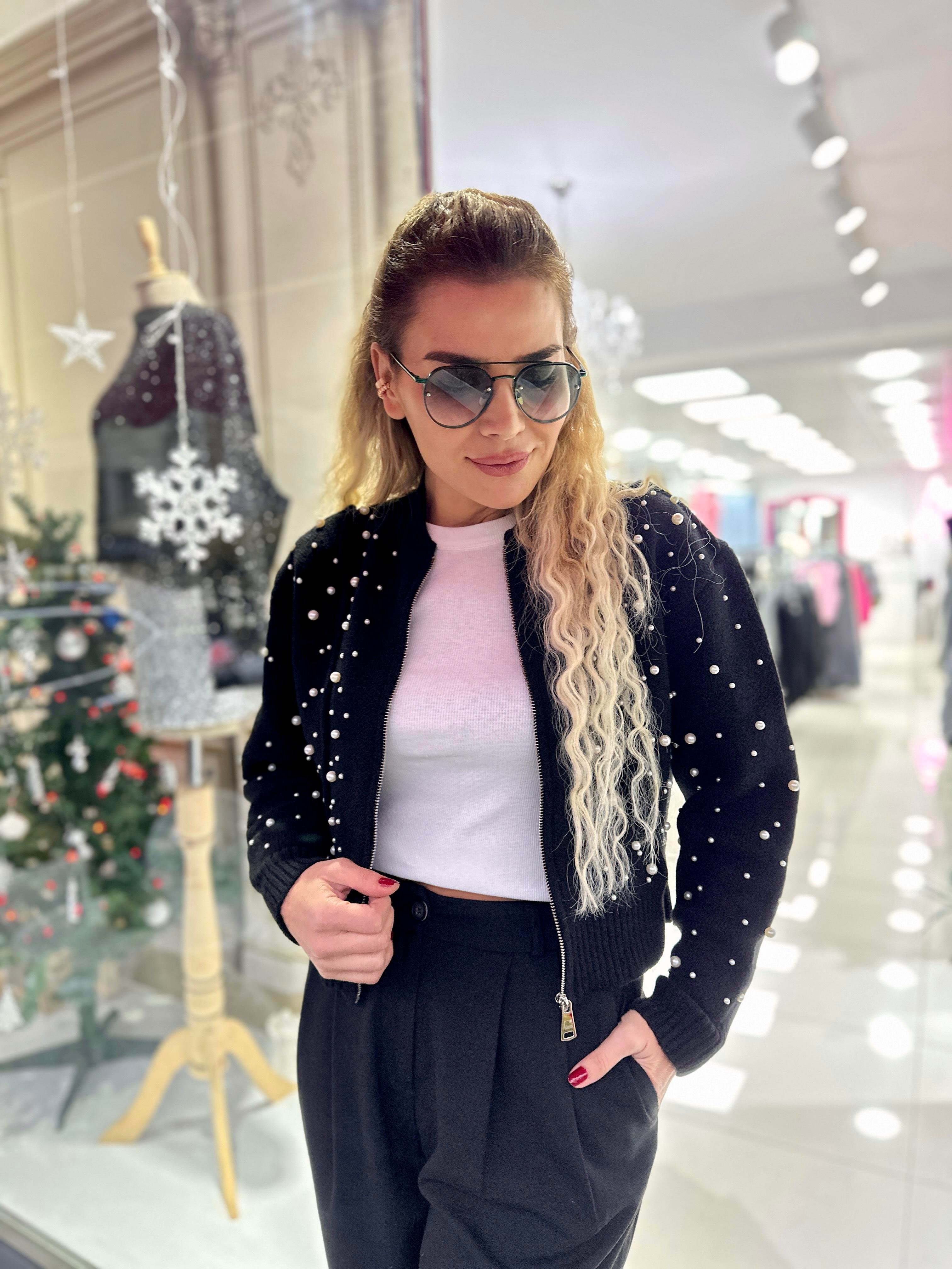 Suni İncili Triko Bomber Ceket 