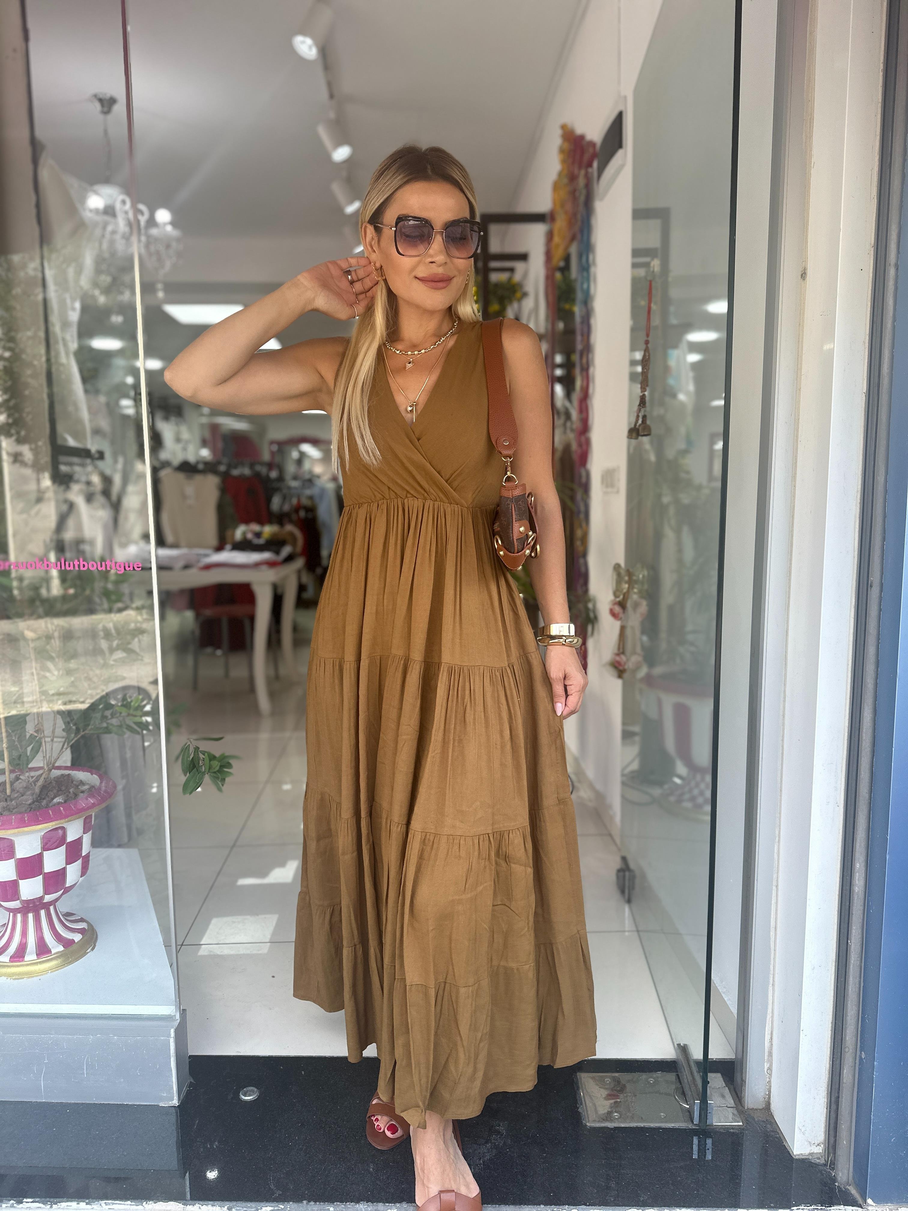 Taba Rengi Keten Elbise