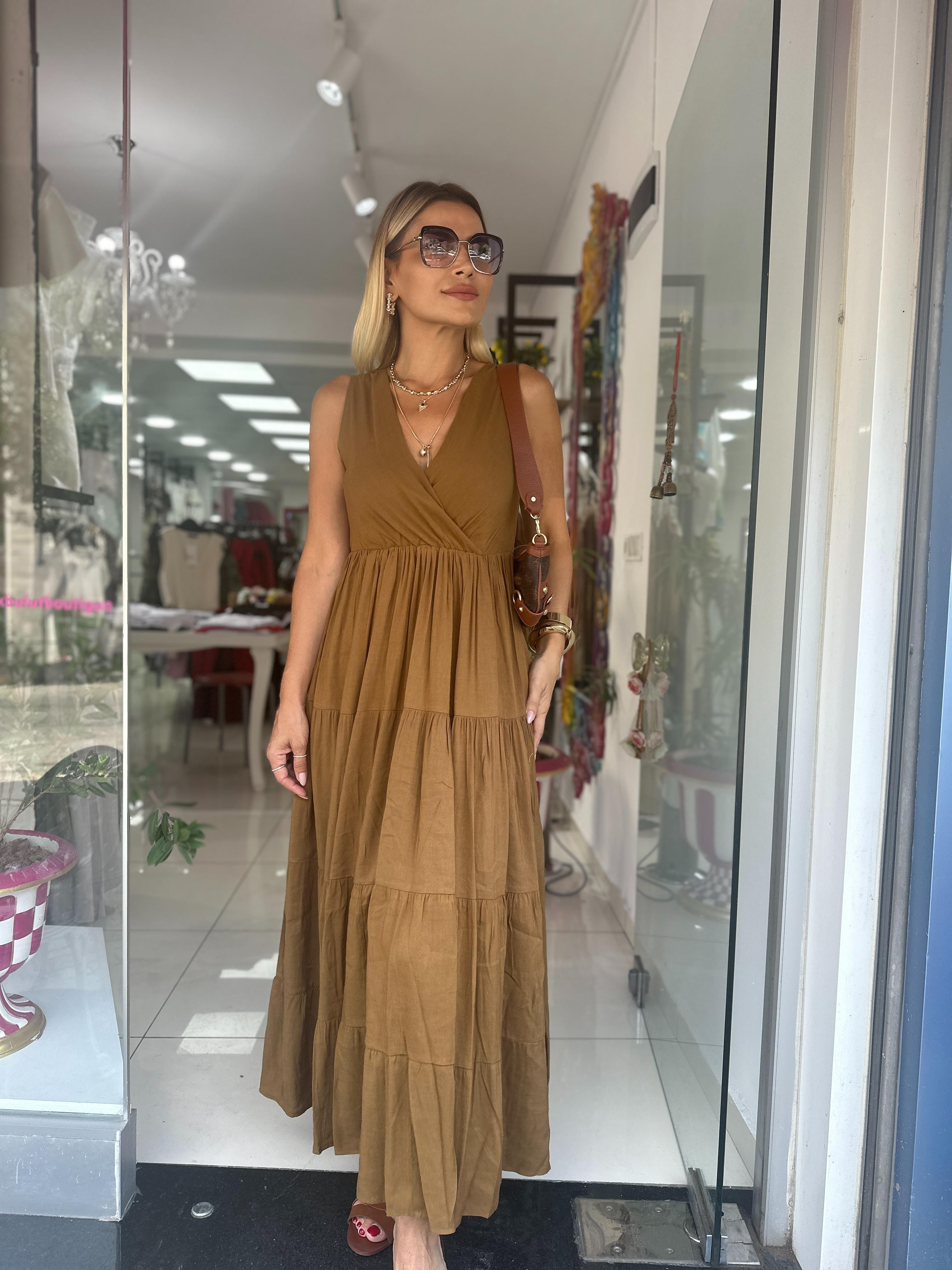 Taba Rengi Keten Elbise