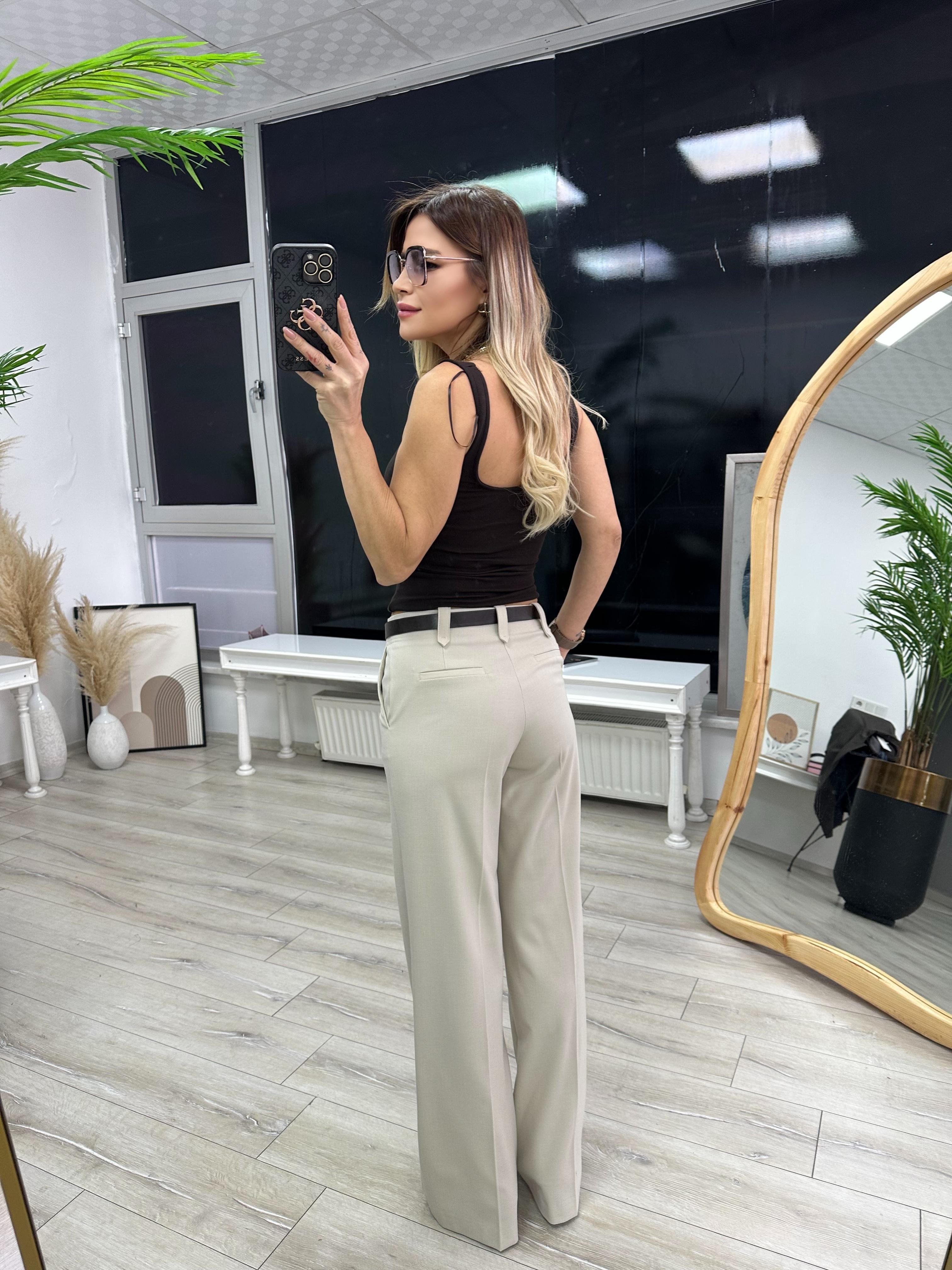 Taş Rengi Düz Kesim Orta Bel Pantolon