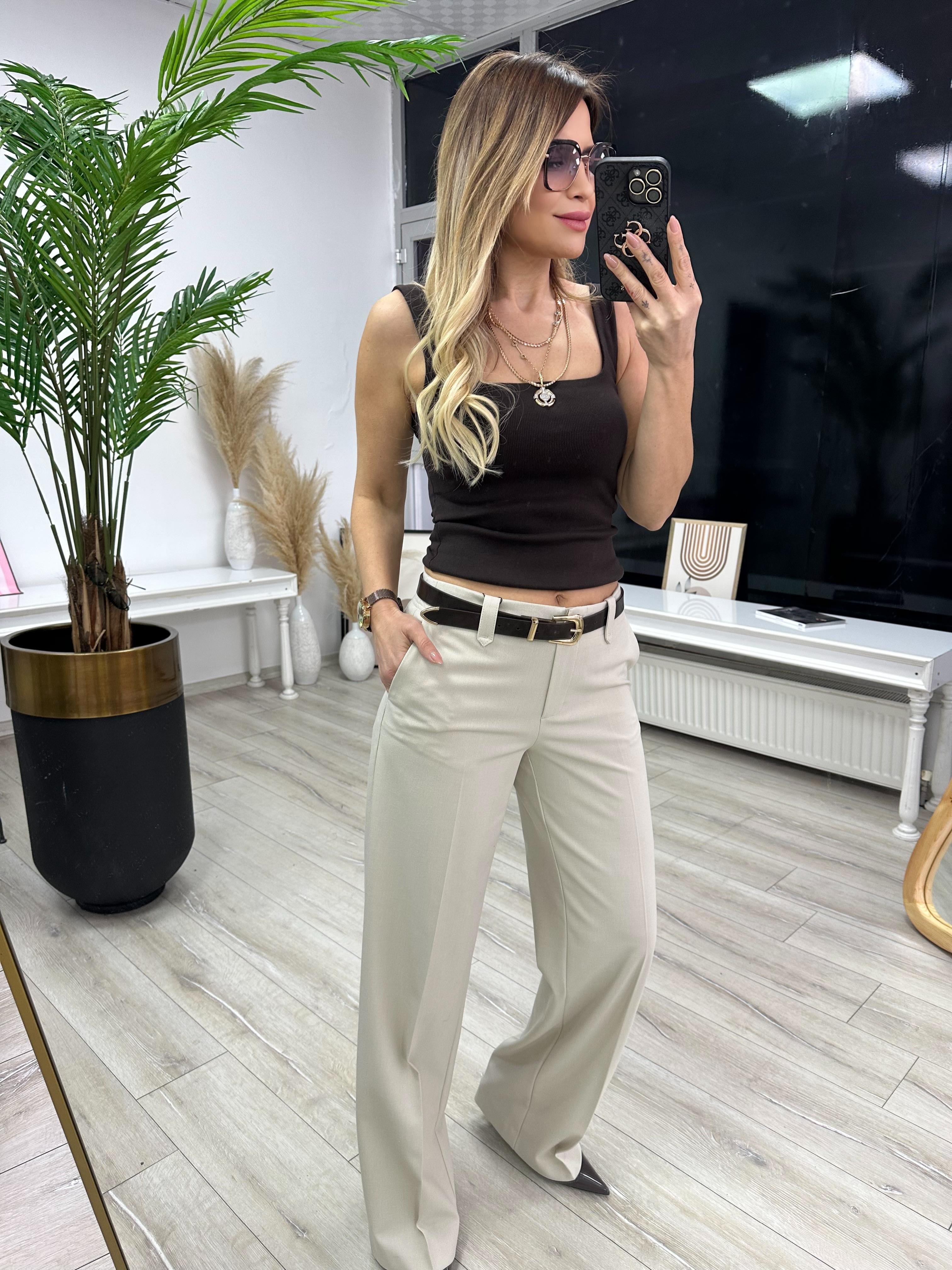 Taş Rengi Düz Kesim Orta Bel Pantolon