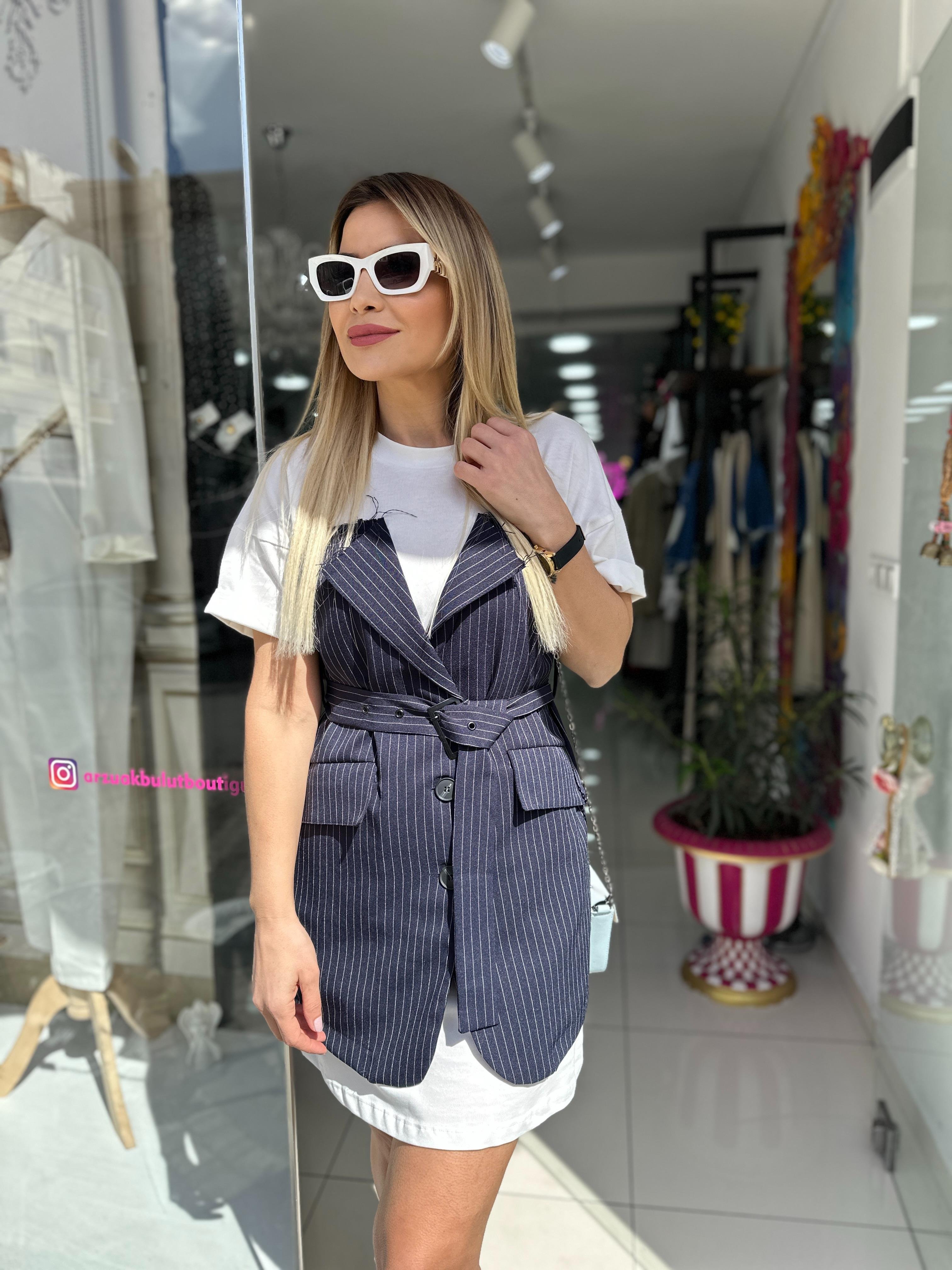 Tasarım Lacivert Çizgili Elbise