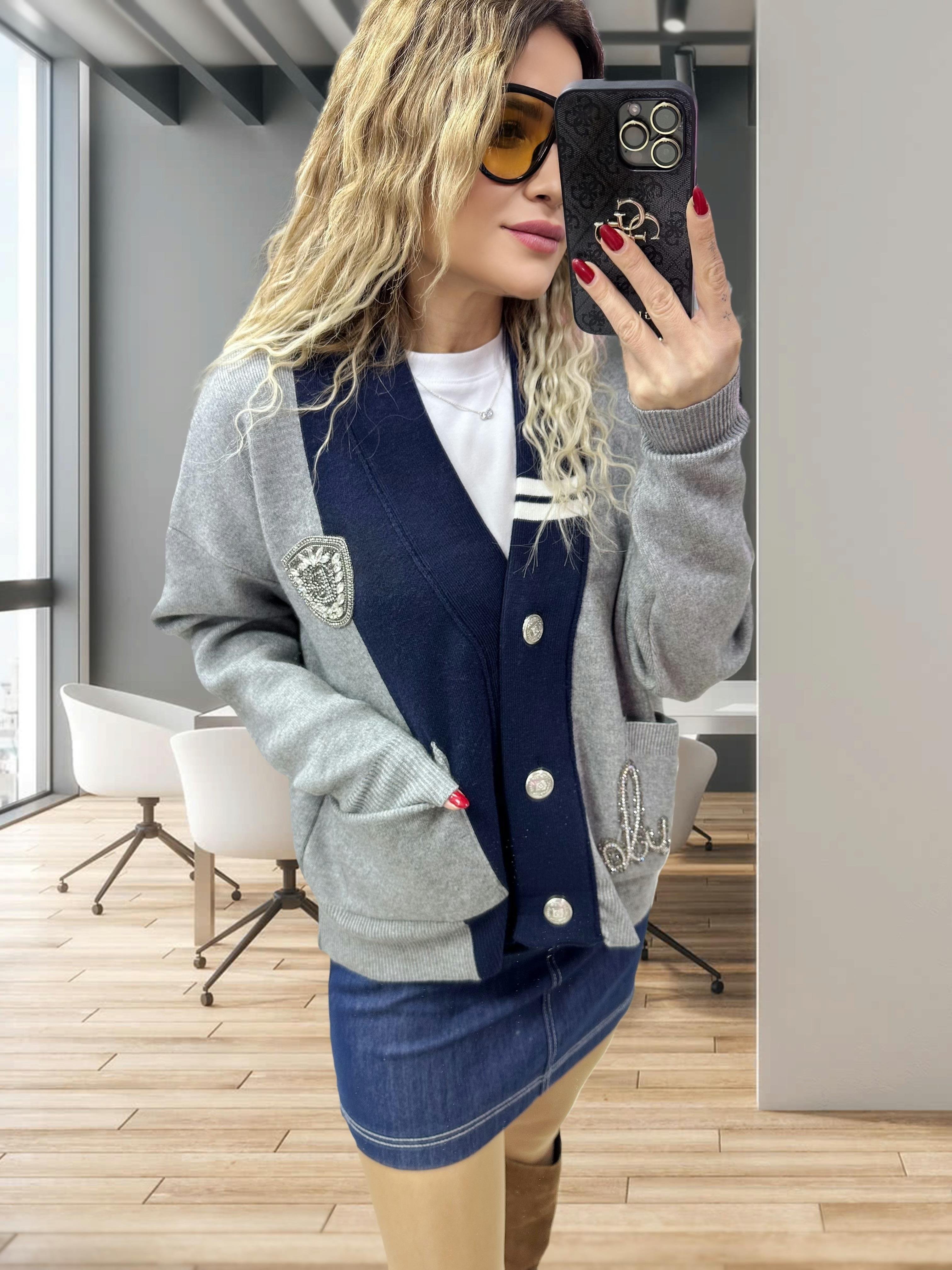 Taşlı Gri Lacivert Hırka 