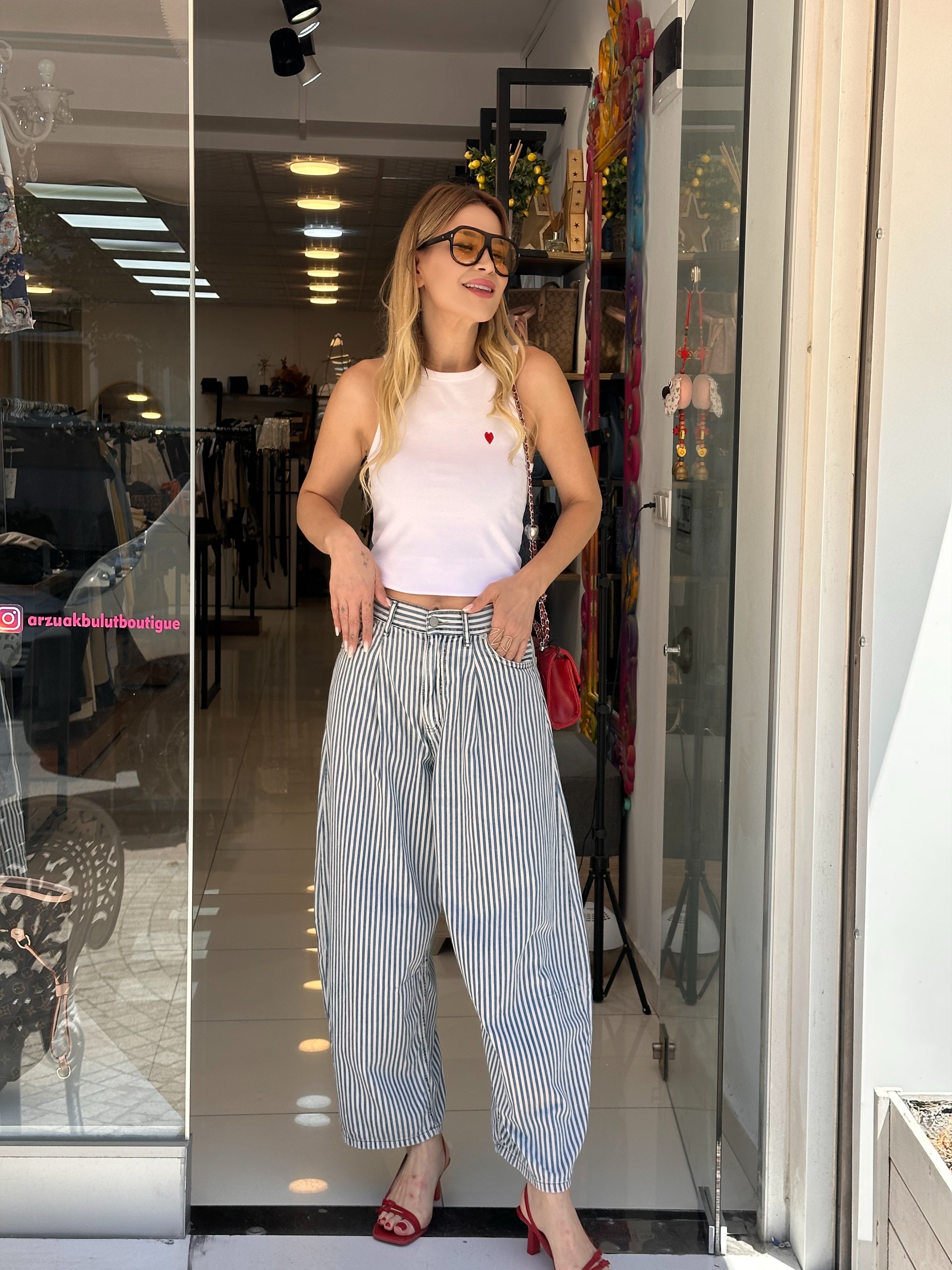 Tencel Kumaş Çizgili Balon Paça Pantolon