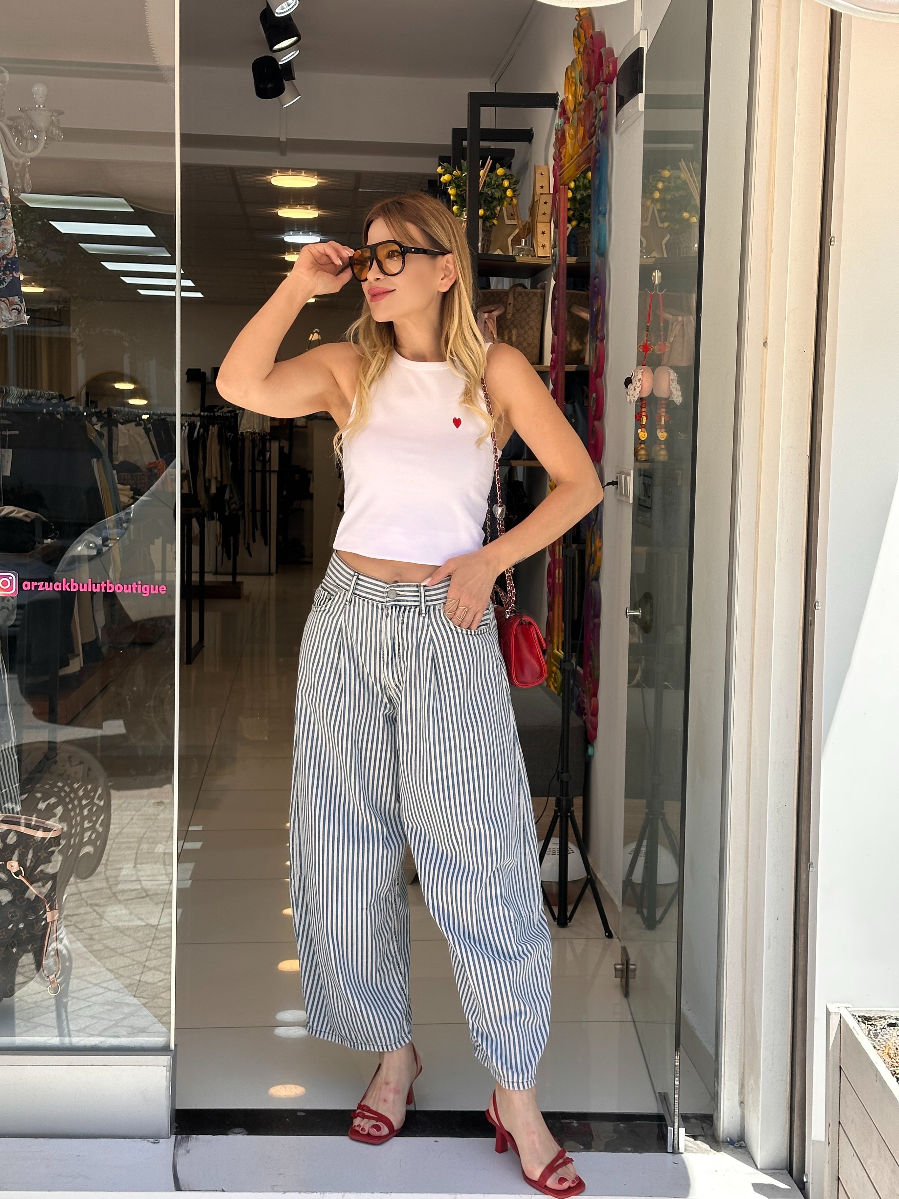 Tencel Kumaş Çizgili Balon Paça Pantolon