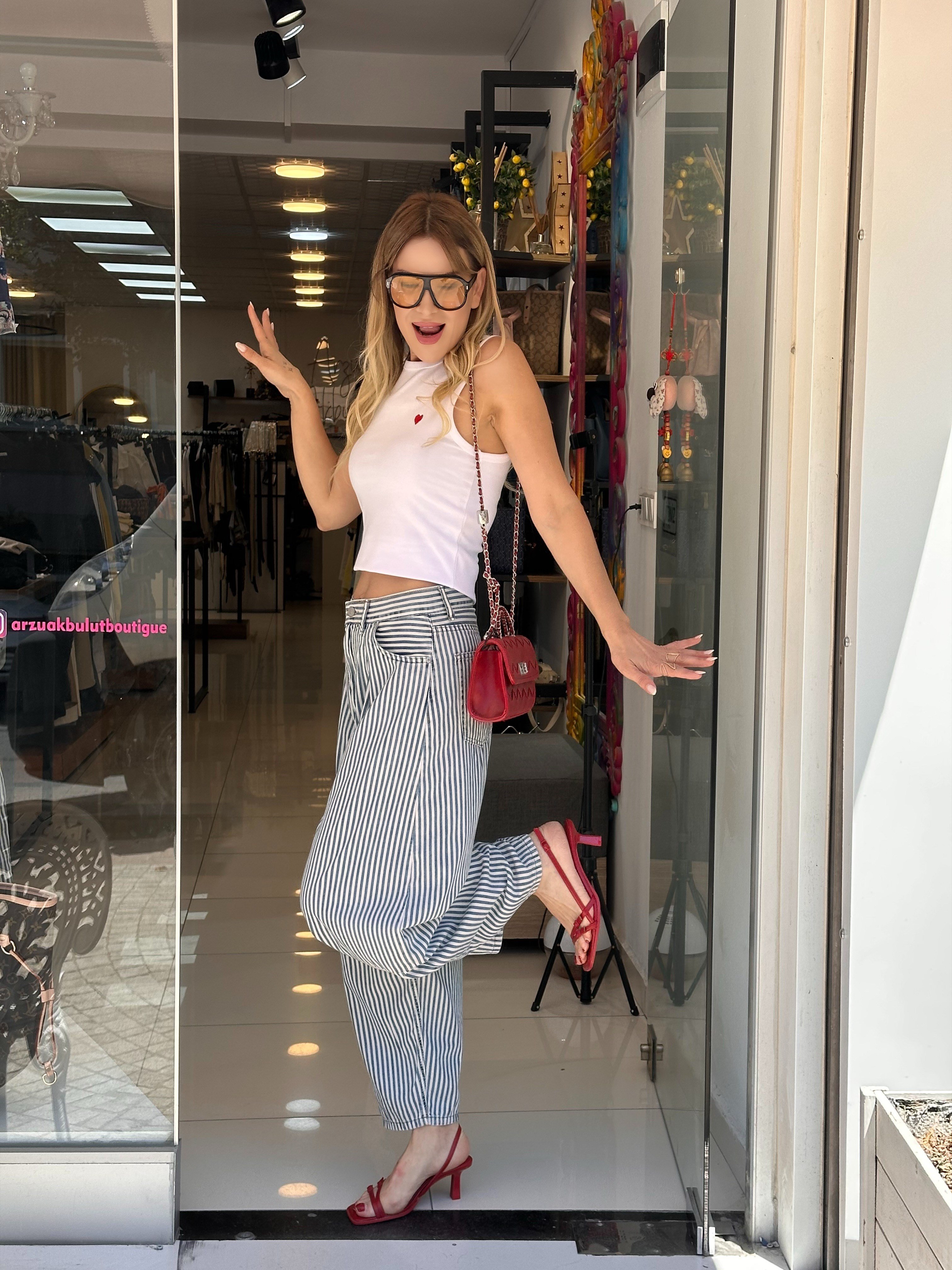 Tencel Kumaş Çizgili Balon Paça Pantolon