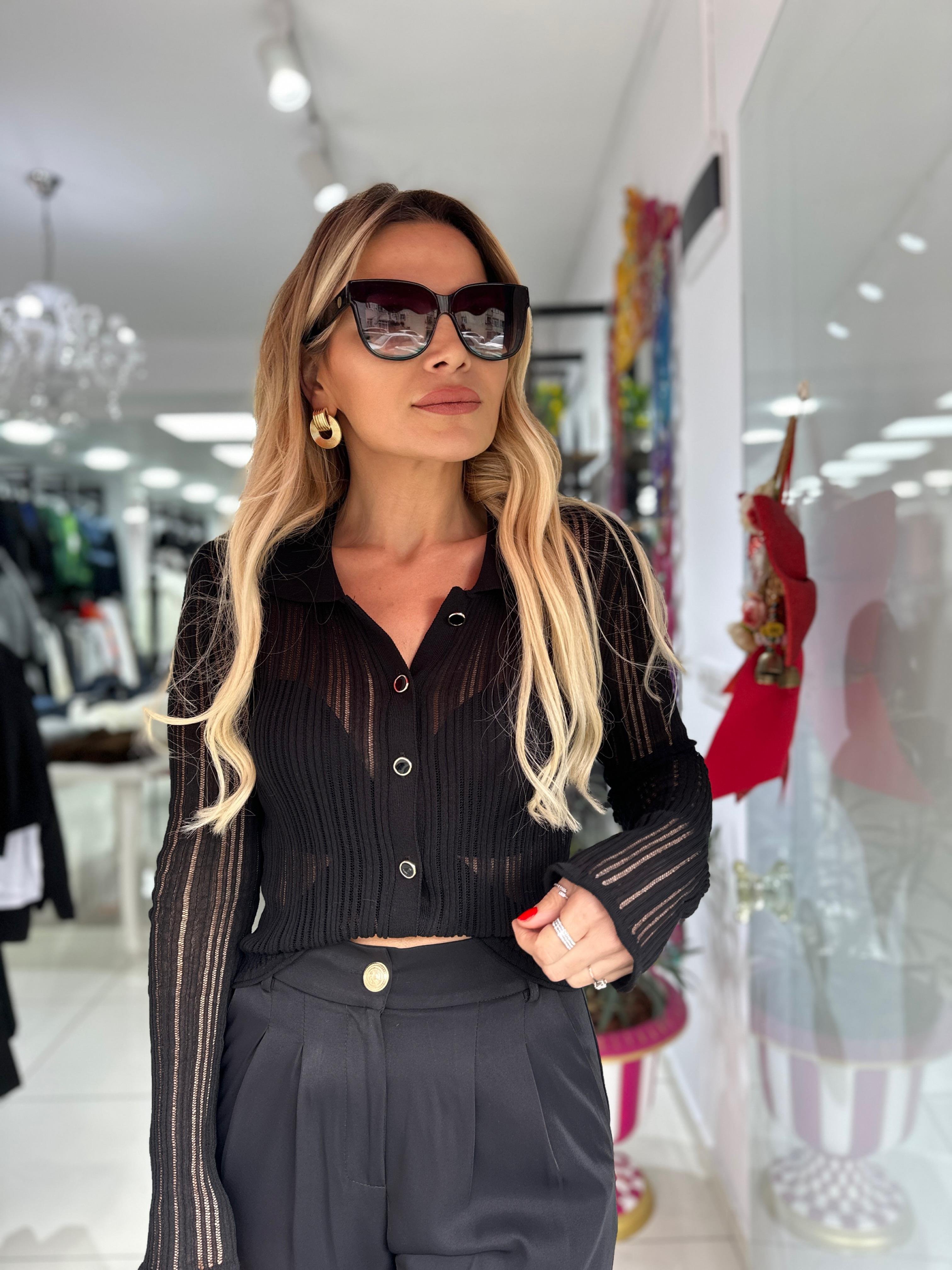 Transparan Polo Yaka Düğmeli Hırka 