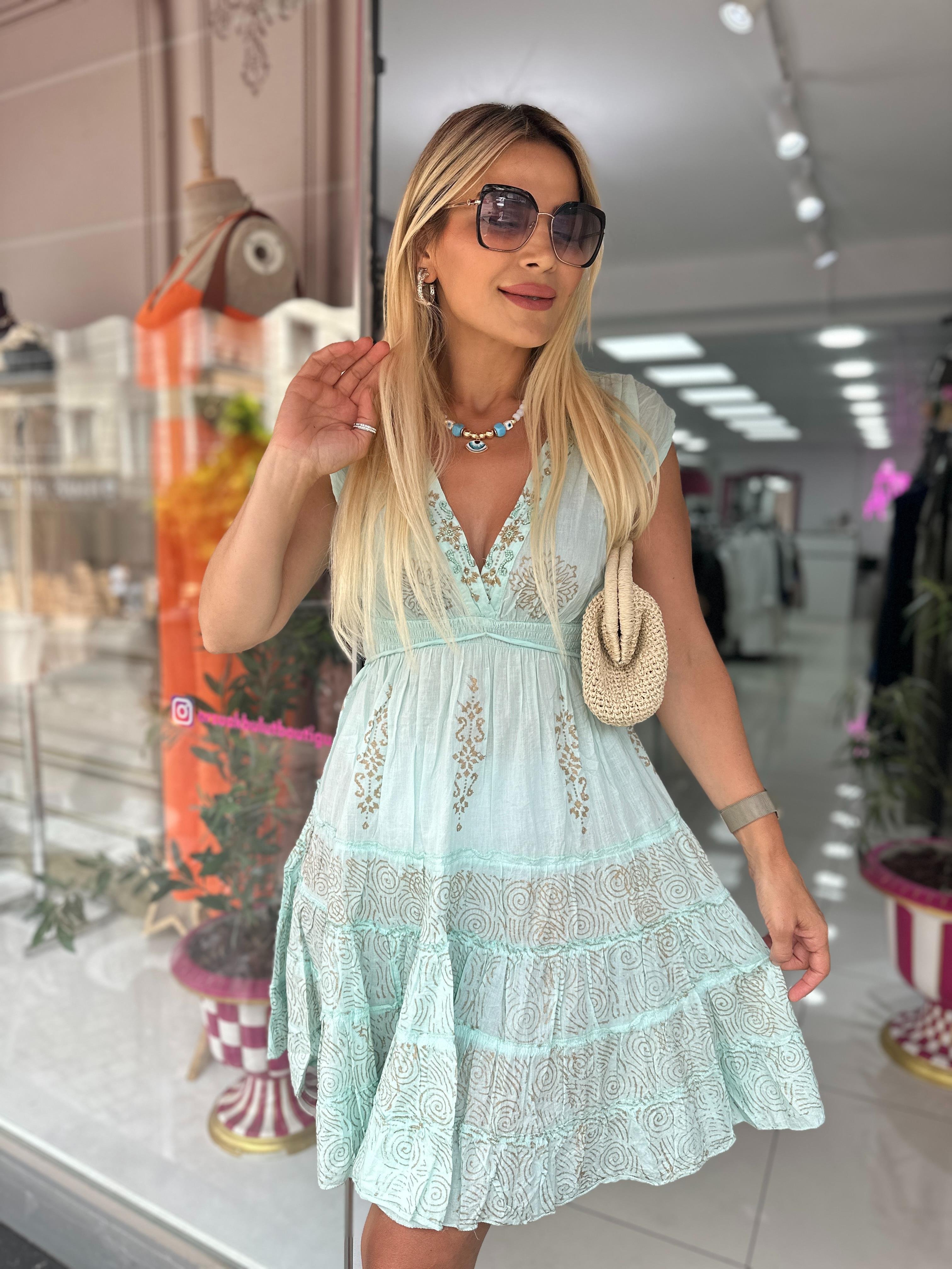 Turkuaz Keten Boncuk İşlemeli Elbise