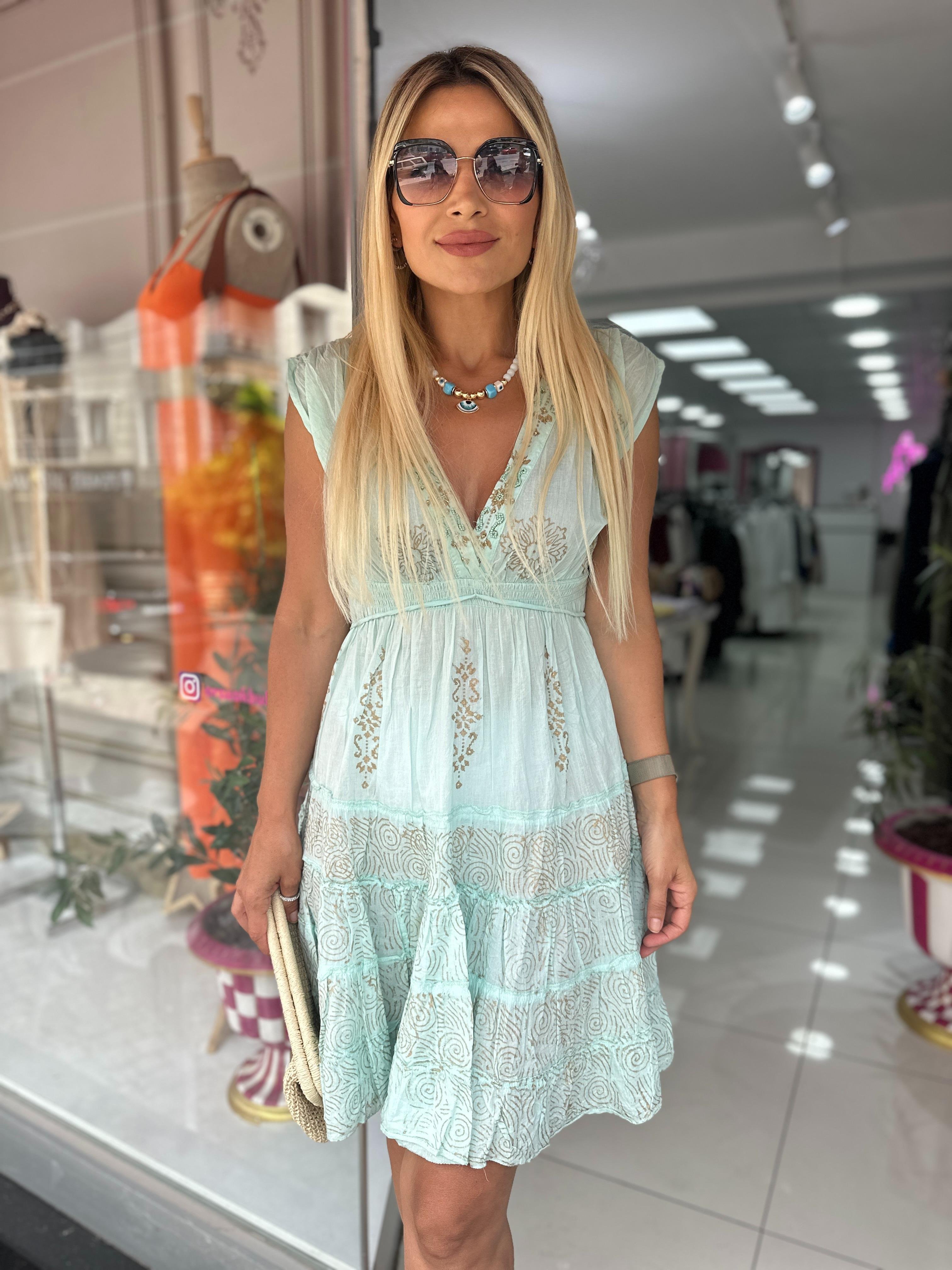 Turkuaz Keten Boncuk İşlemeli Elbise