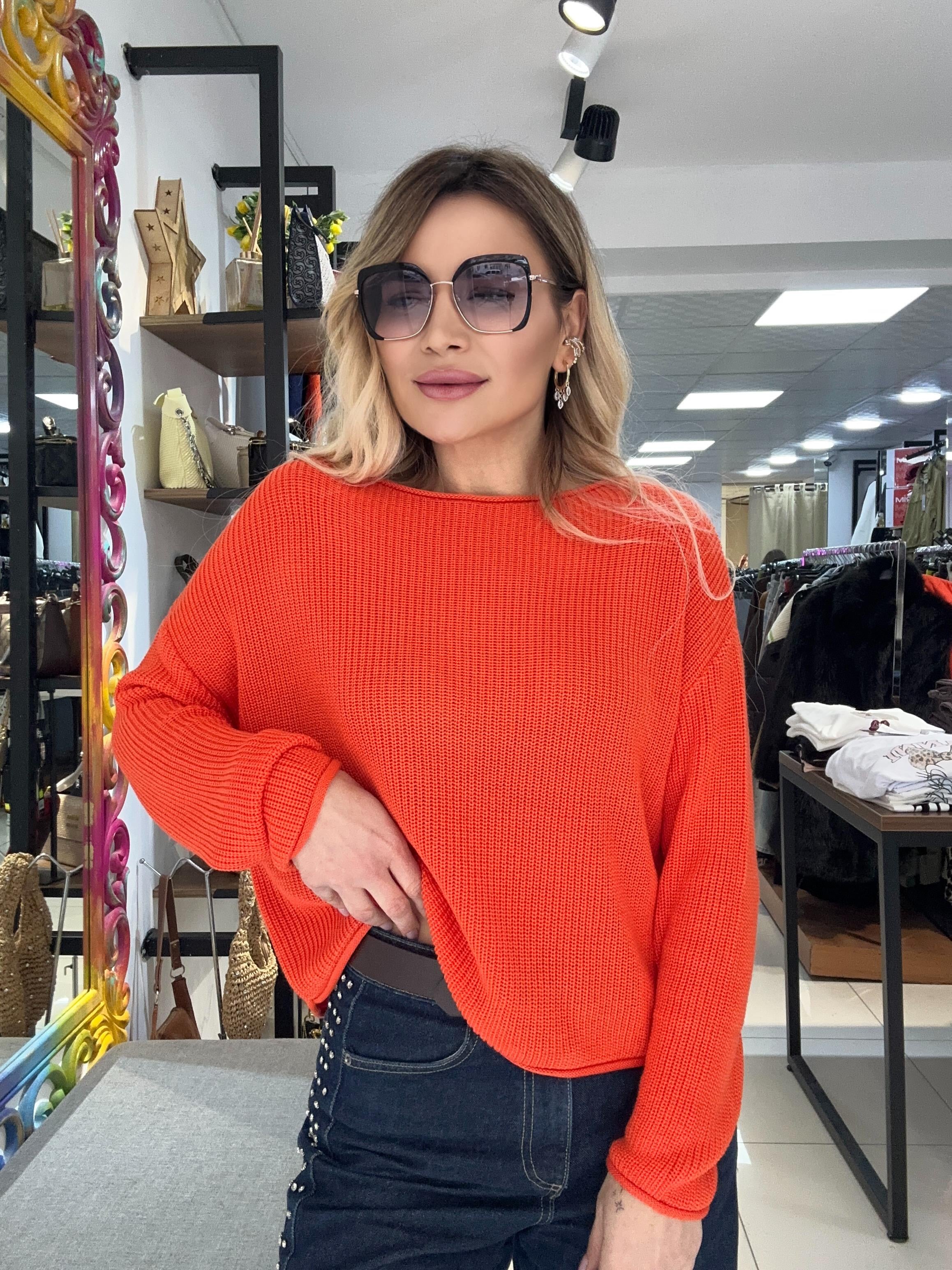 Turuncu Kayık Yaka Basic Triko Kazak