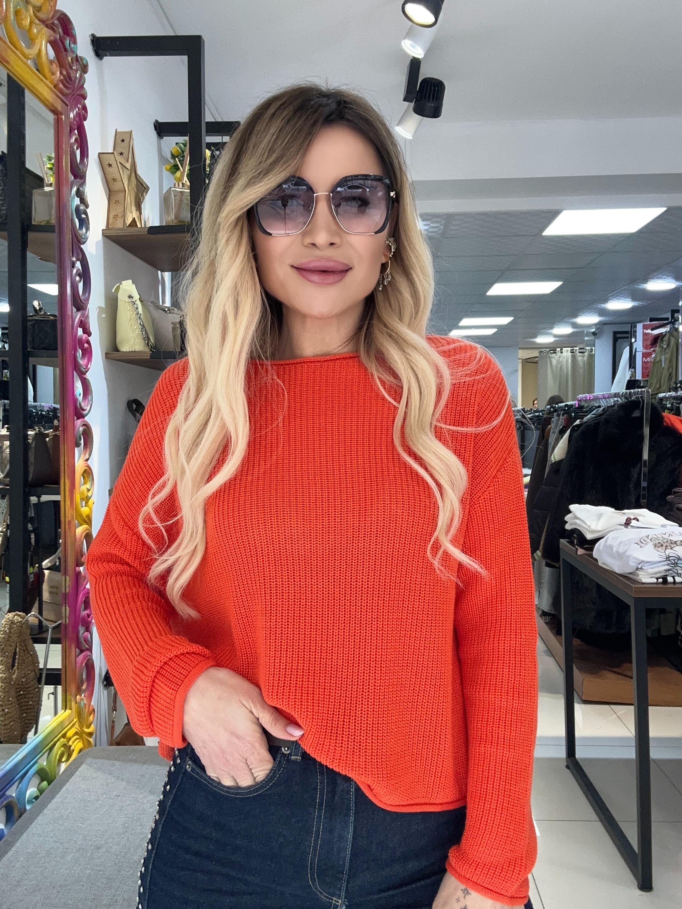 Turuncu Kayık Yaka Basic Triko Kazak