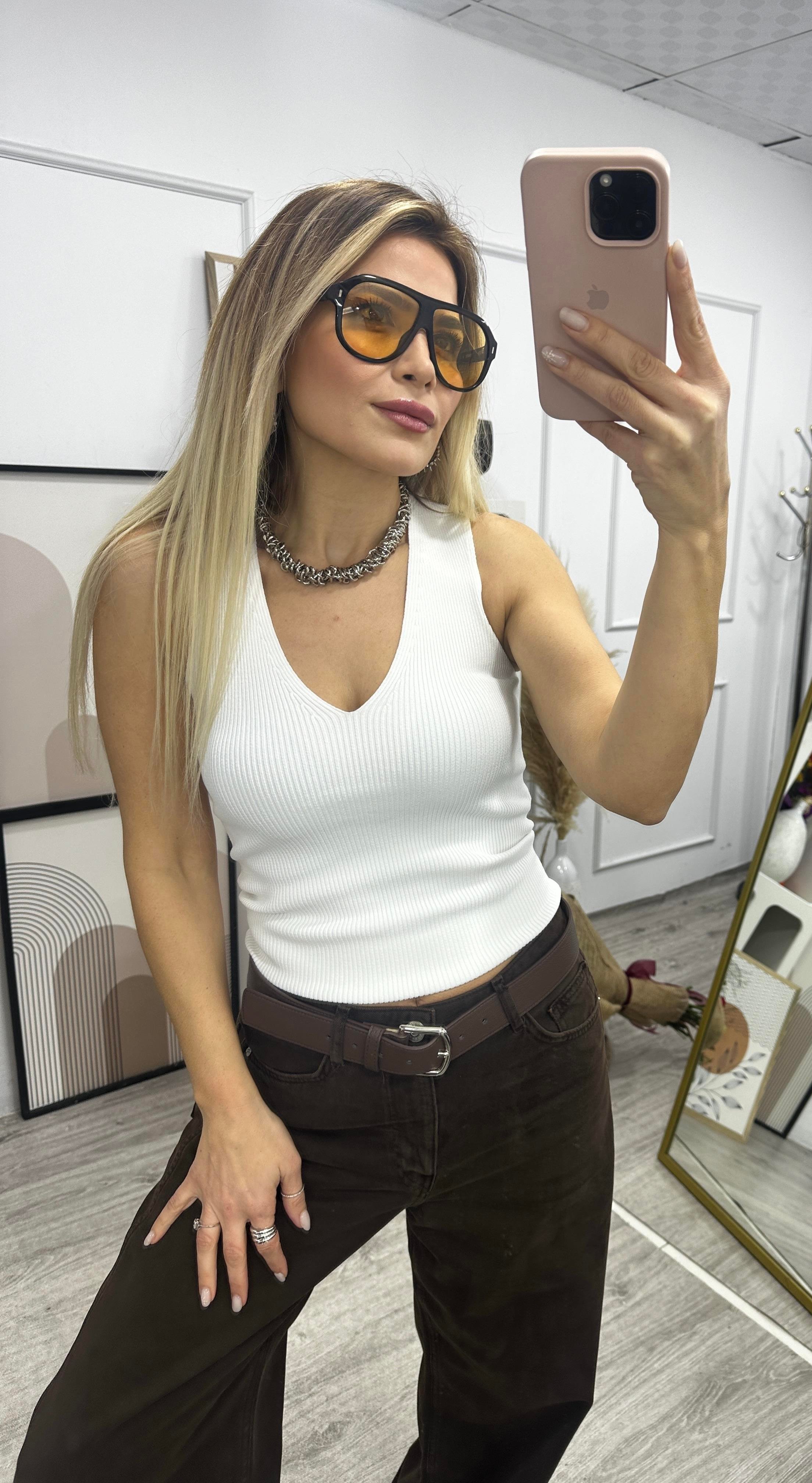 V Yaka Çelik Triko Bluz