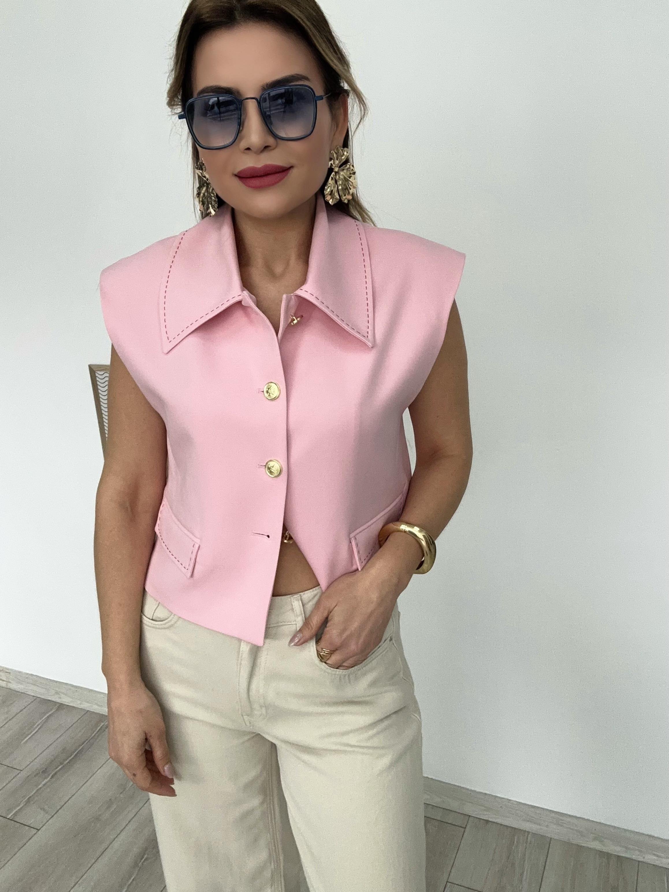 Vatkalı Pembe Kısa Yelek 