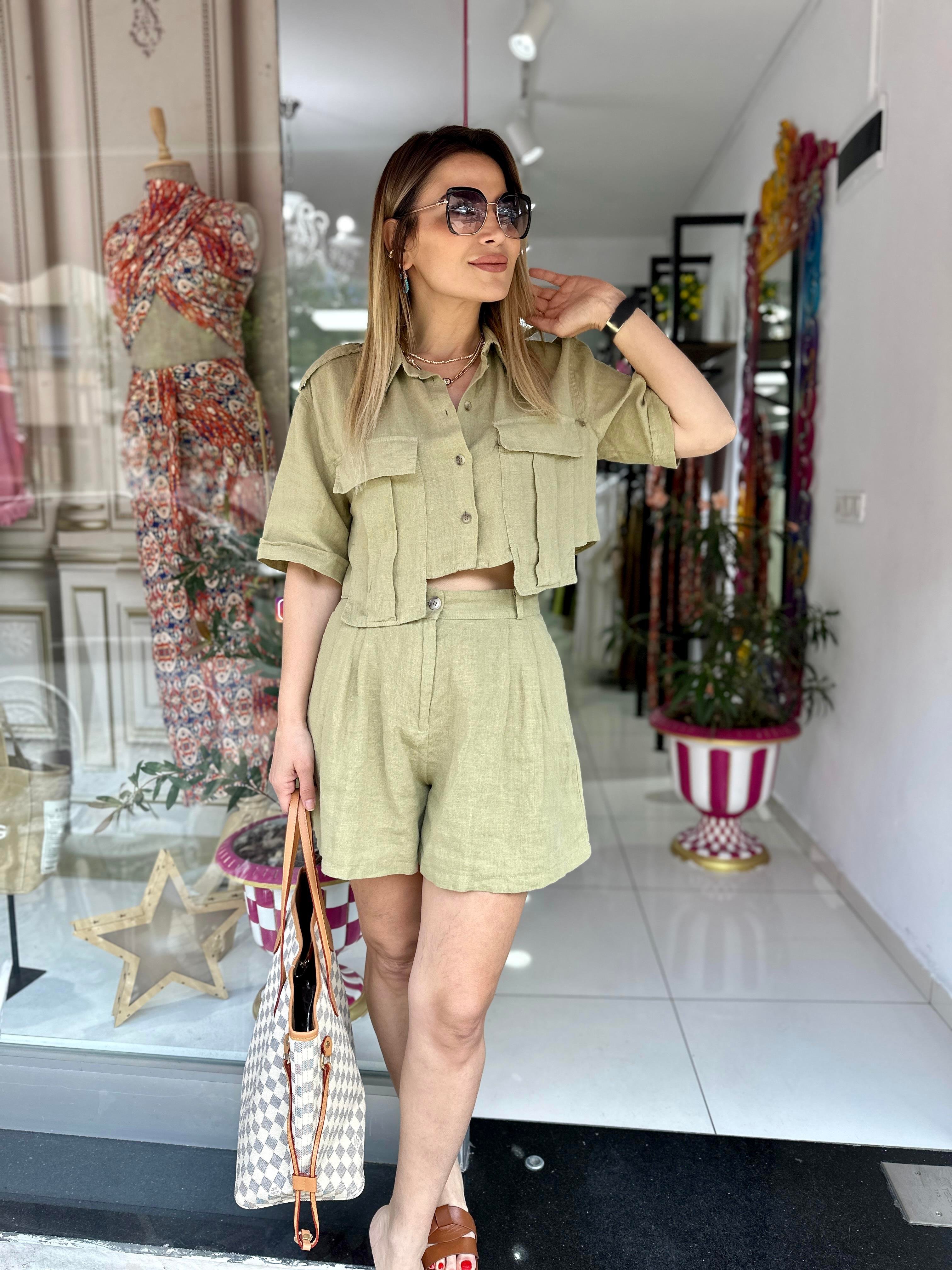 Yağ Yeşili Ham Keten Şort 