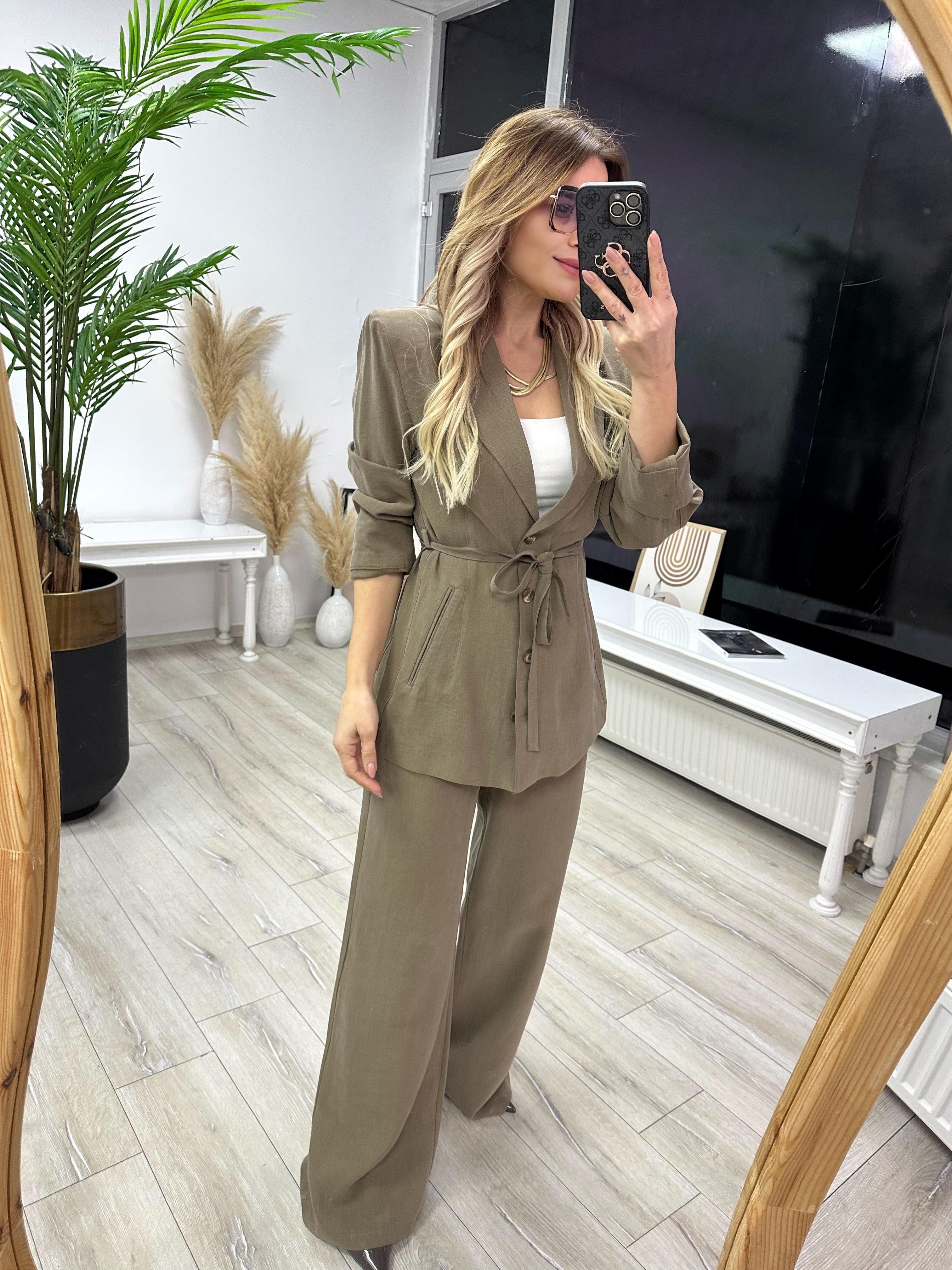 Yağ Yeşili Tensel Kumaş Blazer Pantolon Takım