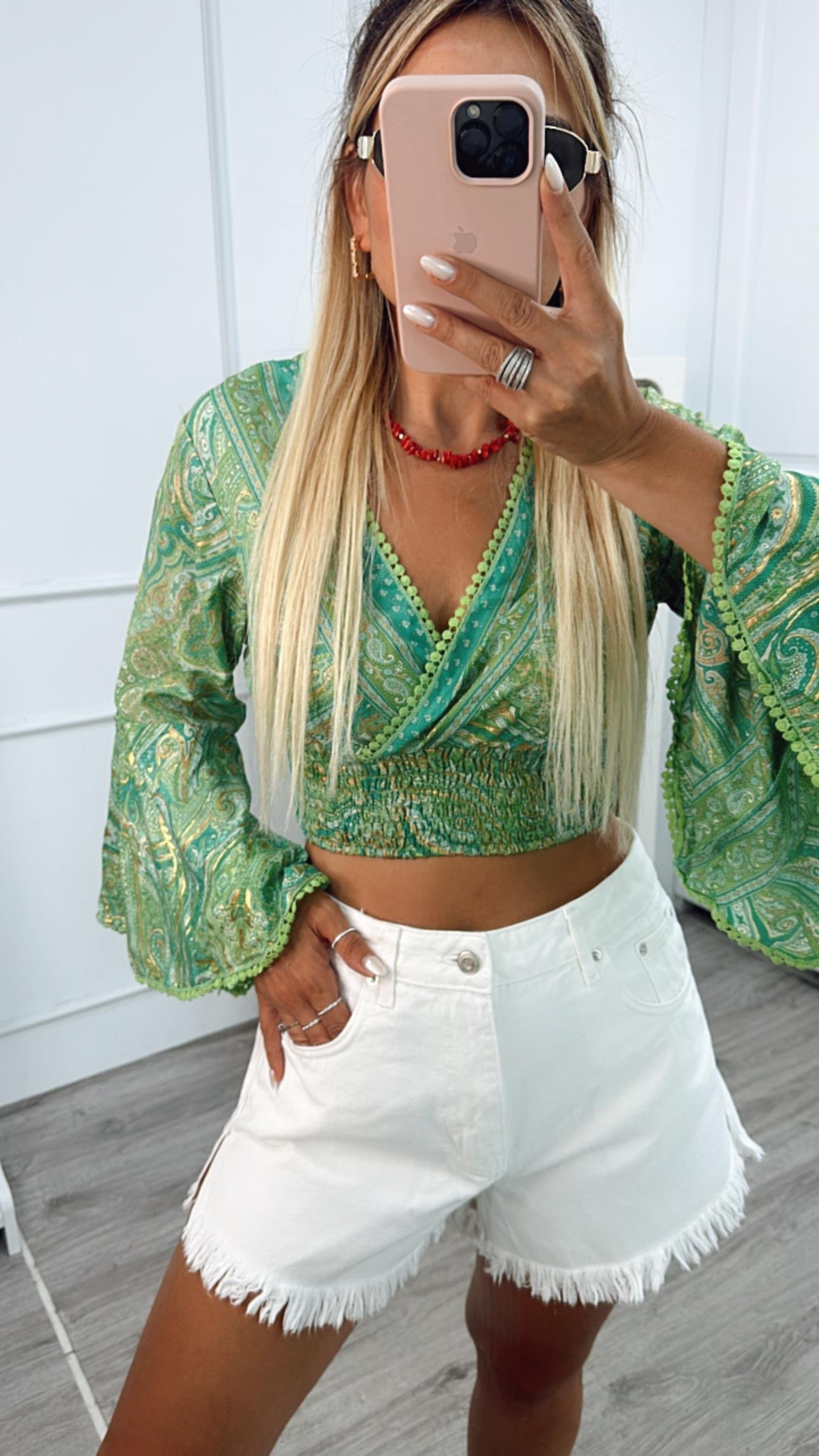 Yeşil Desenli Pantolon Bluz Saten Takım