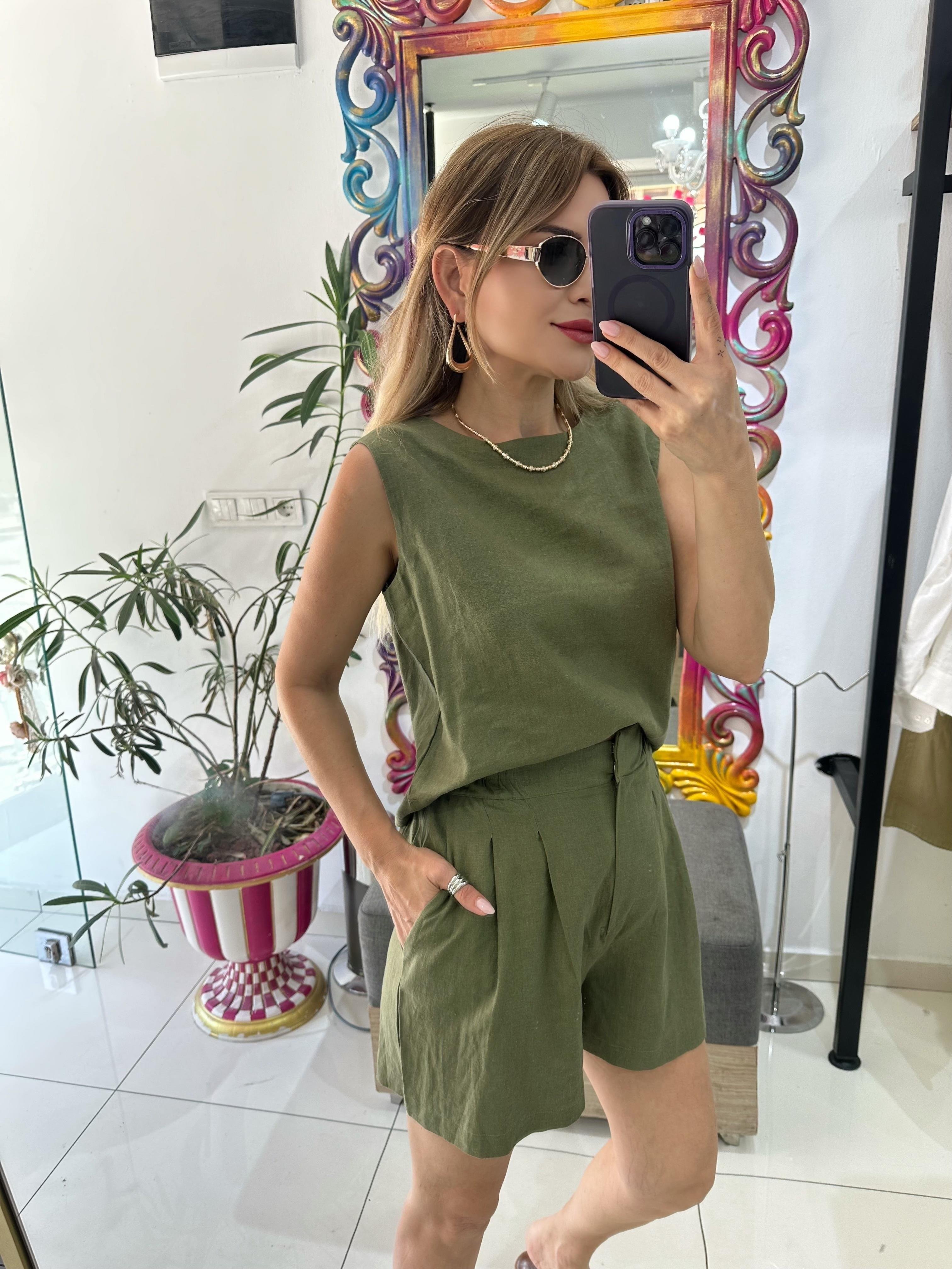 Yeşil Keten Bluz Şort Takım