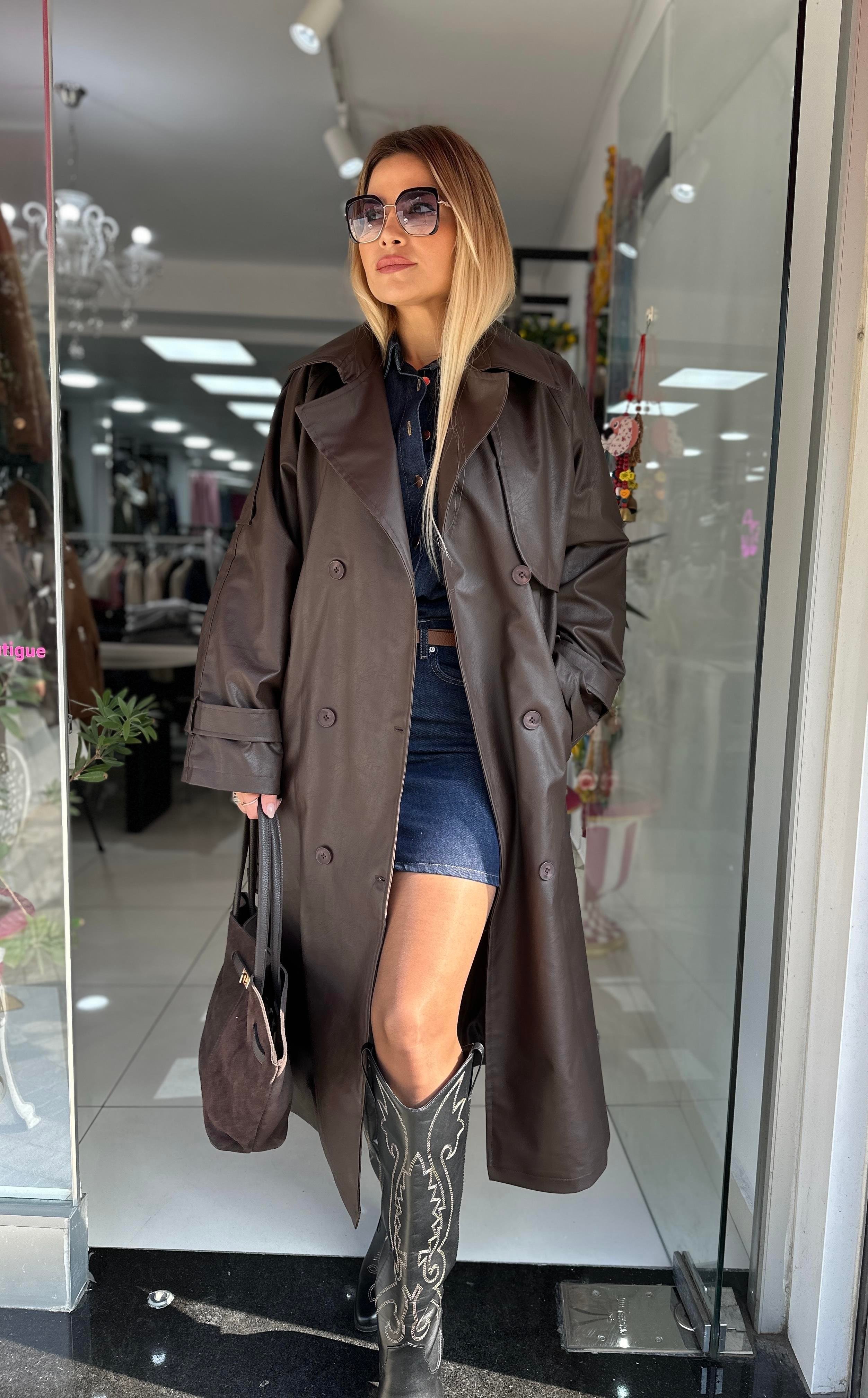 ZR Kahve Deri İç Astarlı Trençkot