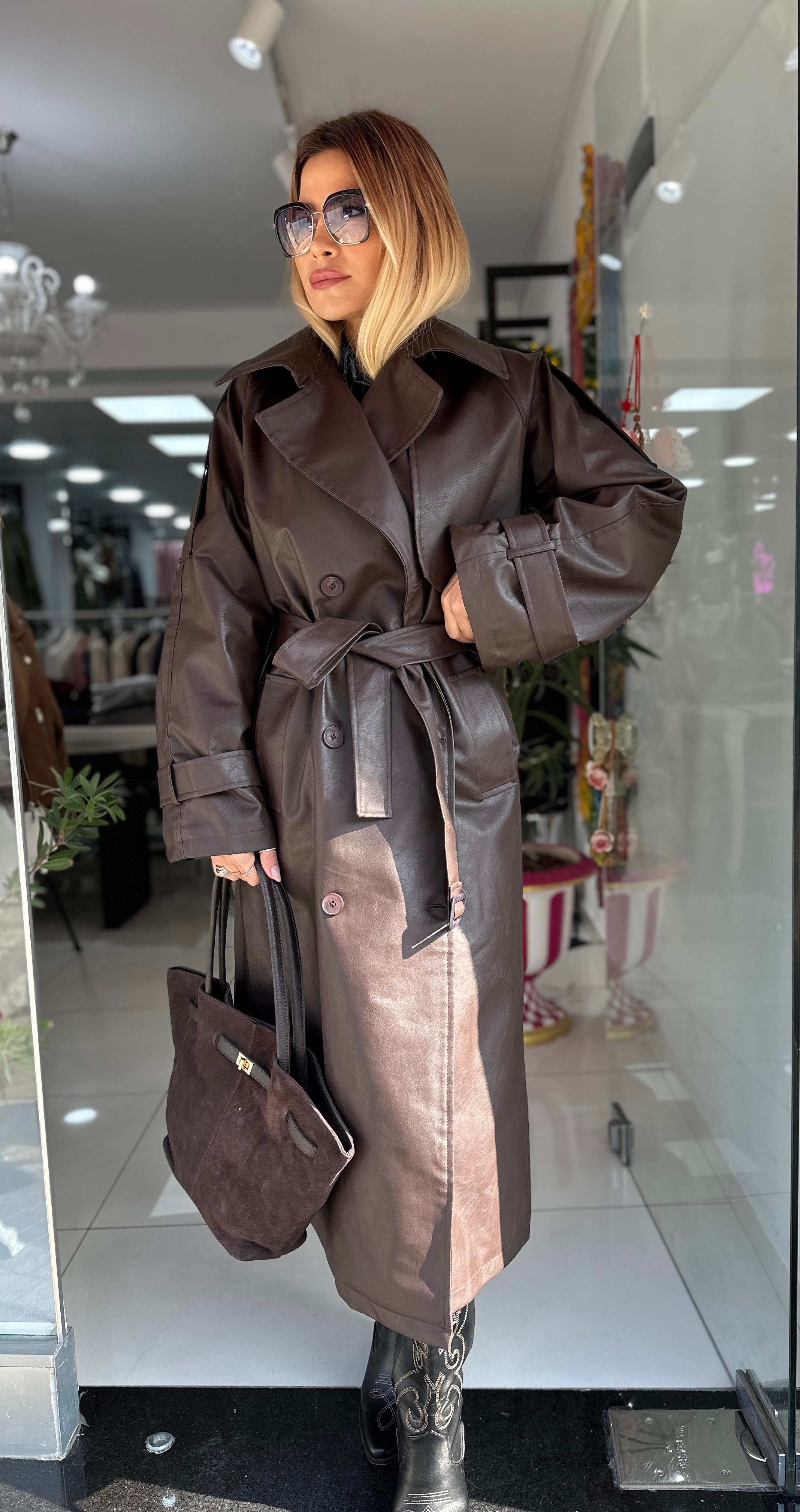 ZR Kahve Deri İç Astarlı Trençkot