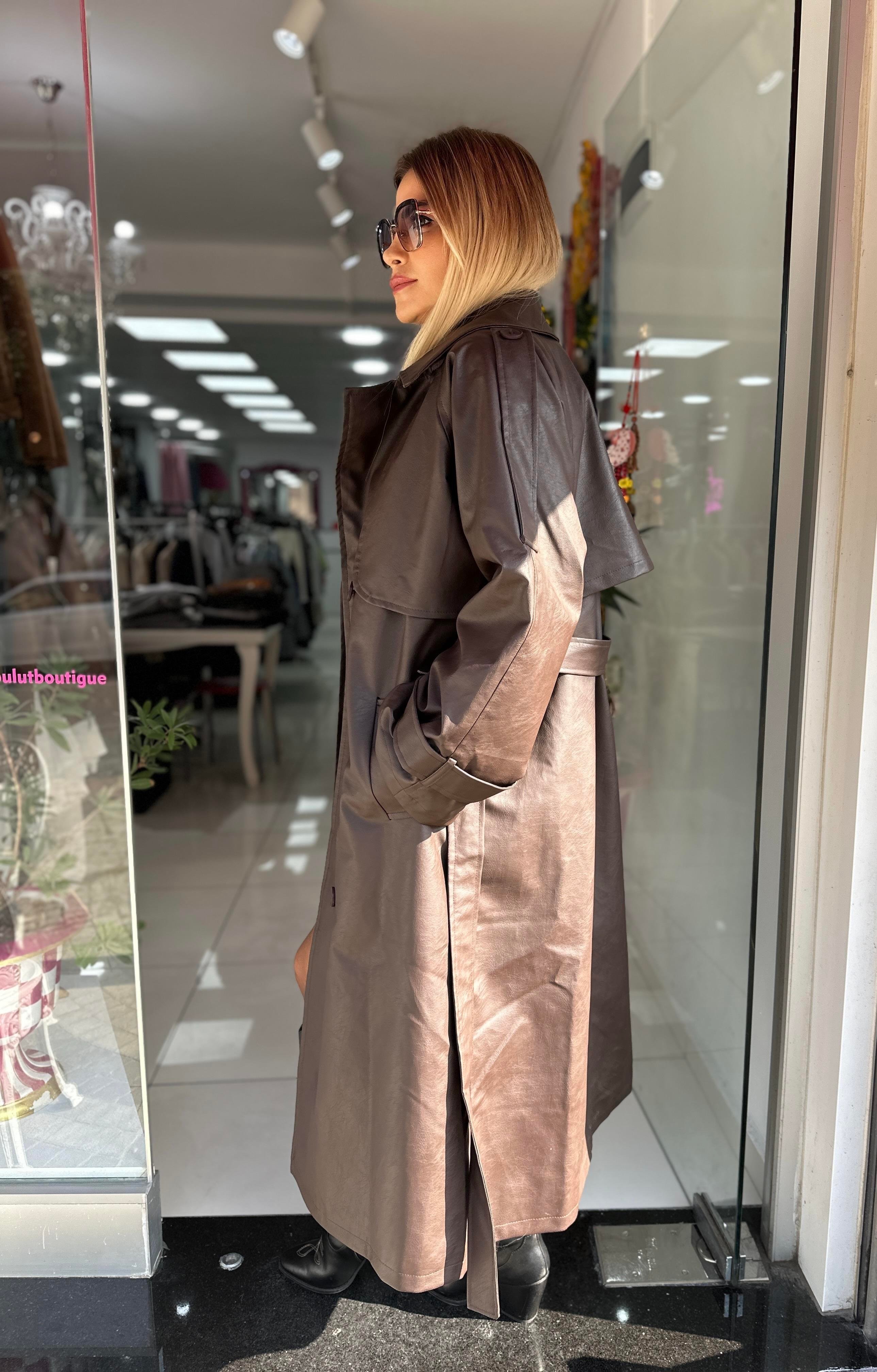 ZR Kahve Deri İç Astarlı Trençkot