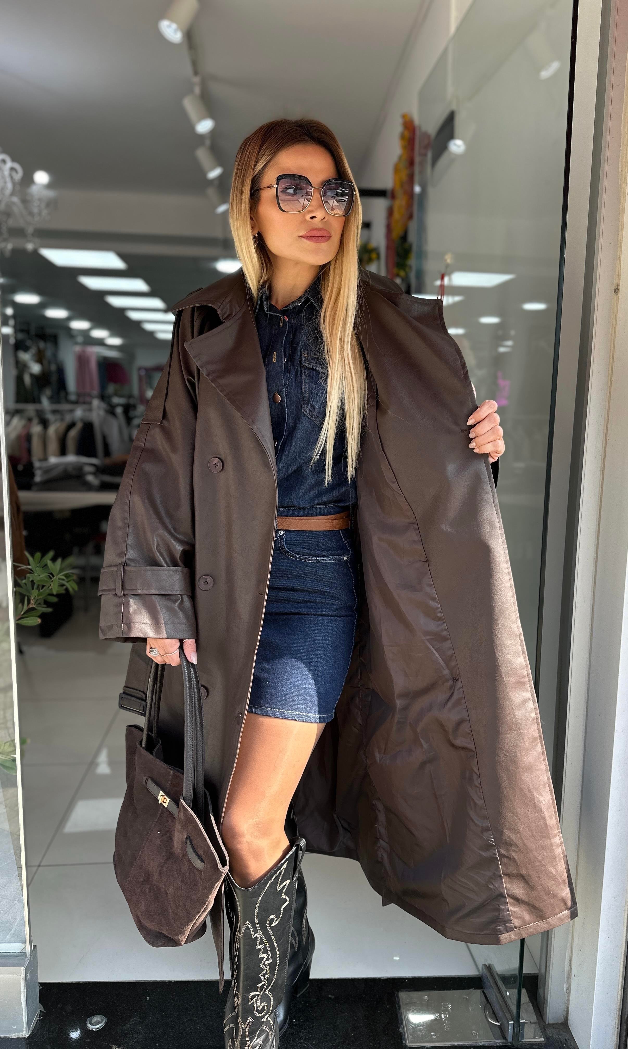 ZR Kahve Deri İç Astarlı Trençkot