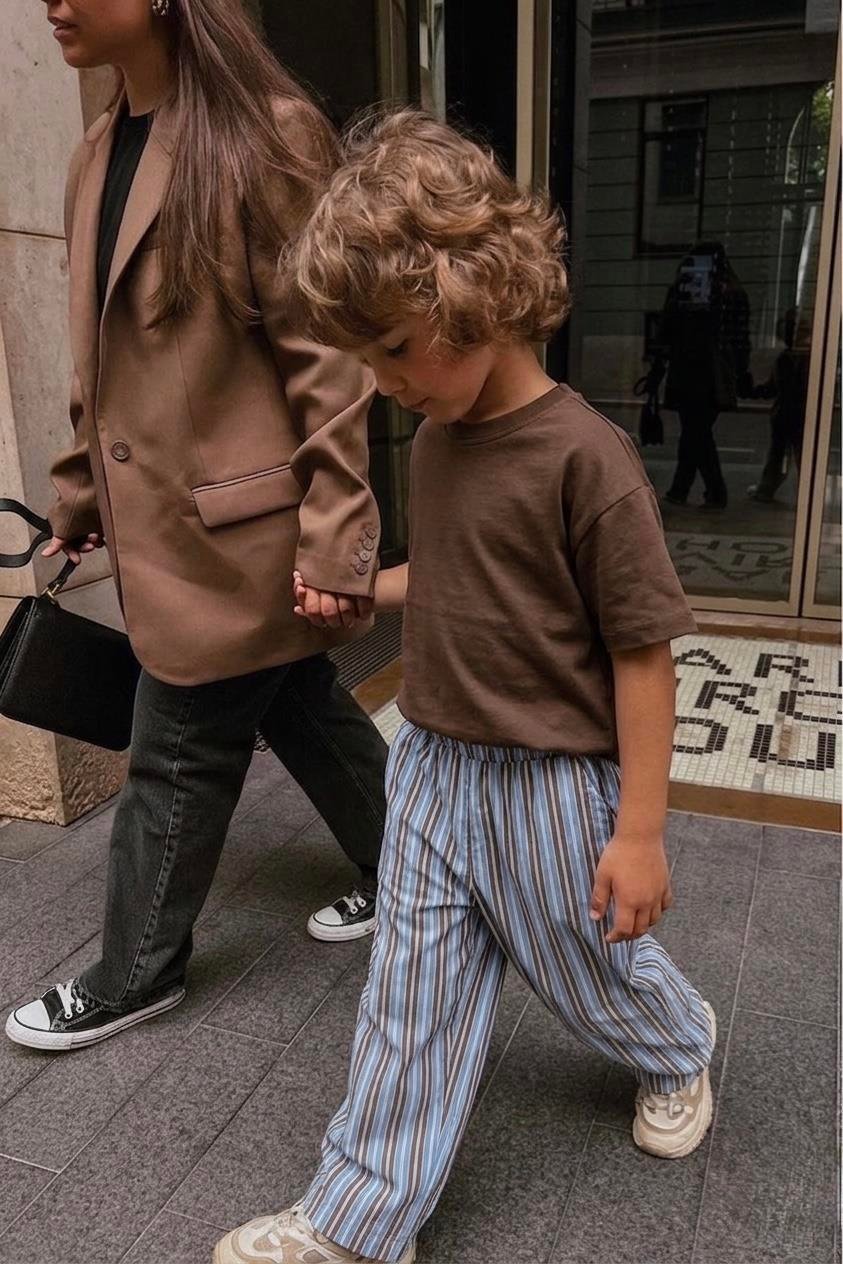 KAHVE BASIC TSHIRT ÇİZGİLİ BALLOON JEAN TAKIM