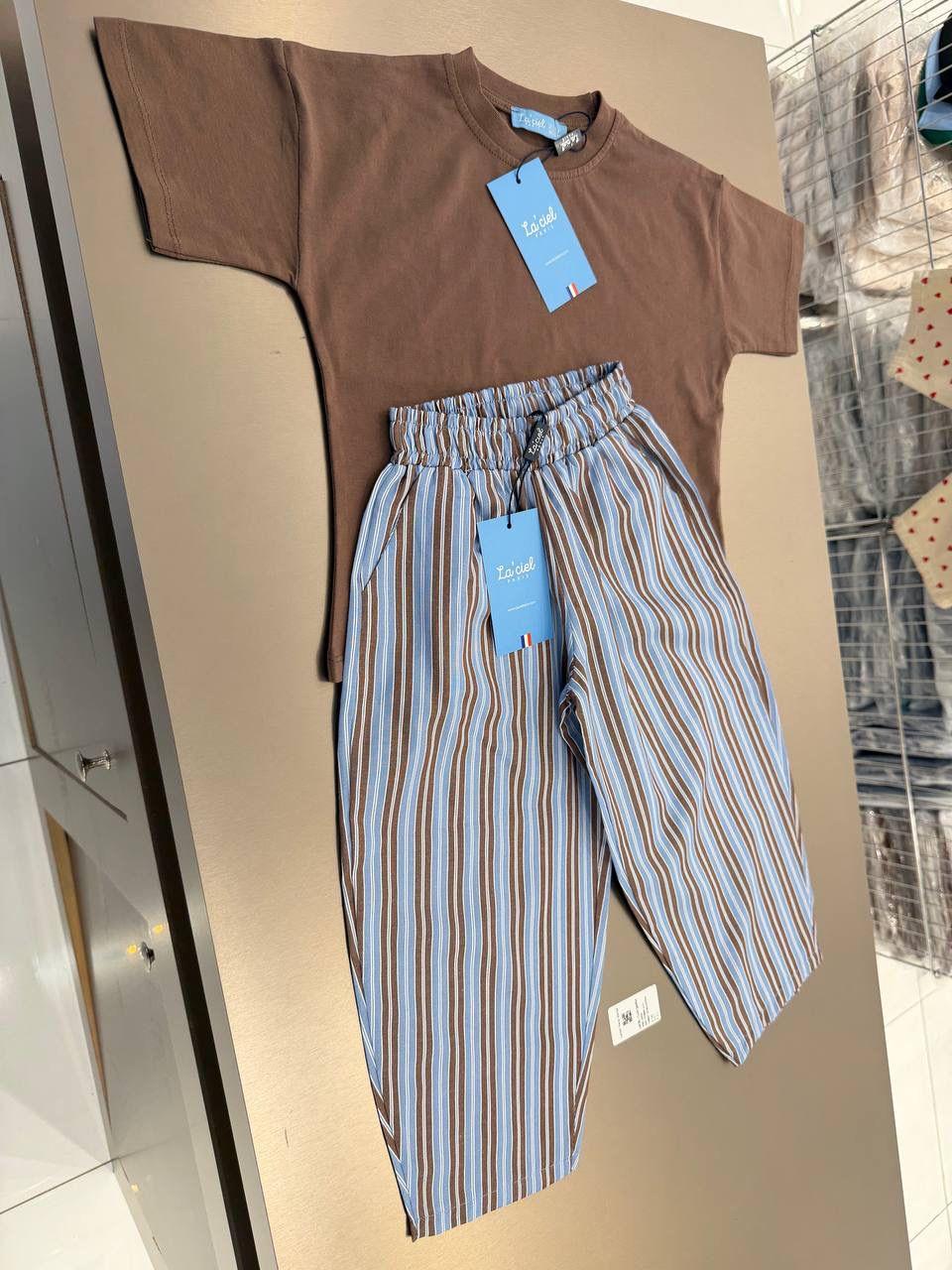 KAHVE BASIC TSHIRT ÇİZGİLİ BALLOON JEAN TAKIM