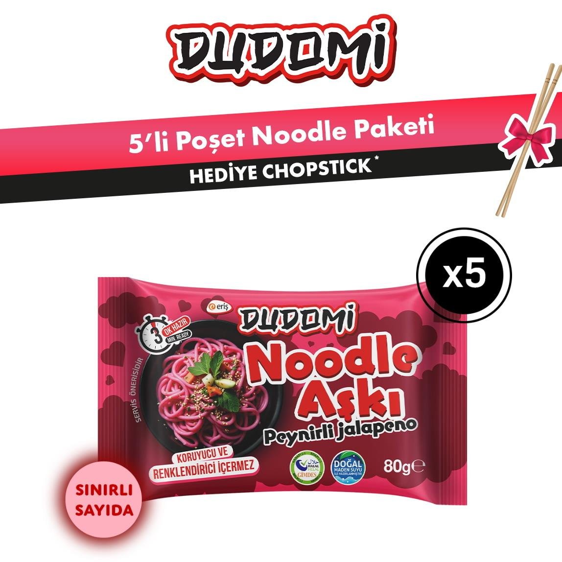 Dudomi Peynirli Jalapenolu Noodle 5'li Poşet 5x80 Gr. + Bambu Chopstick Hediye!