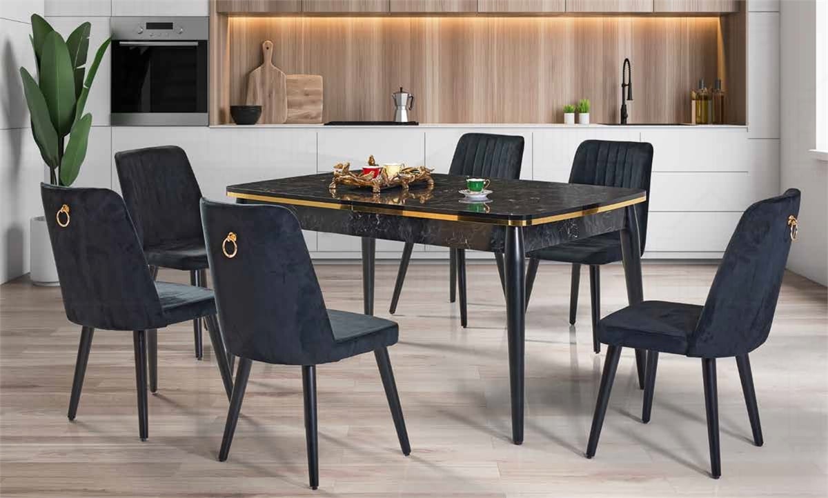 Oval - Damla Salon Masa Takımı - Siyah Mermer Gold_luleburgaz_Ende Mobilya