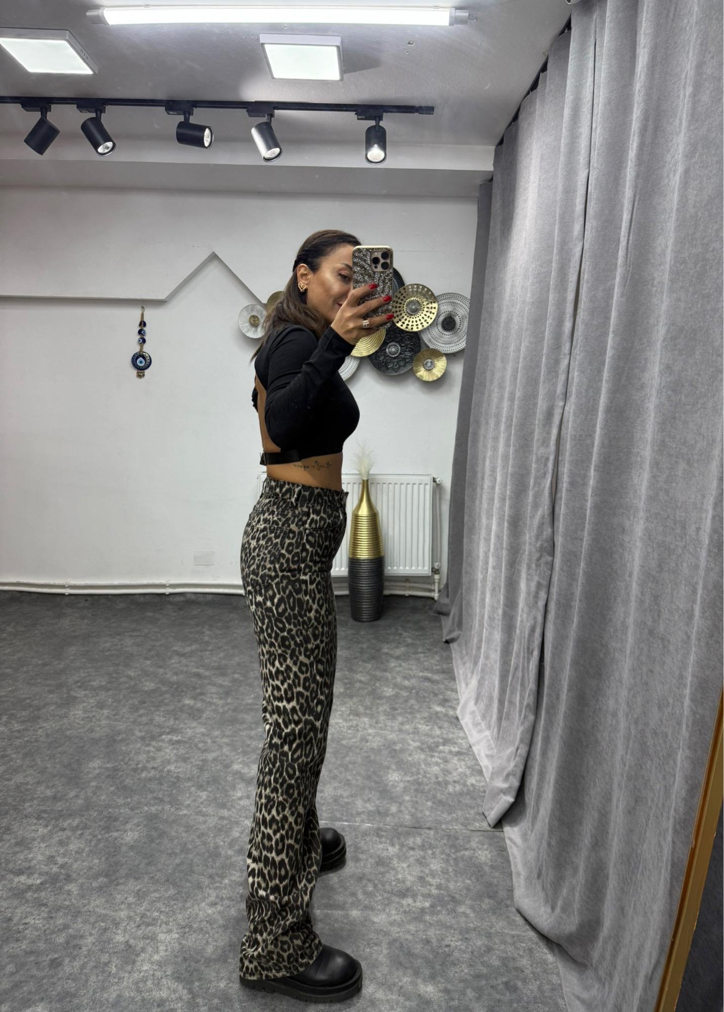 JİMMY Leopar Desenli Palazzo Jean Pantalon No Sıfır 8