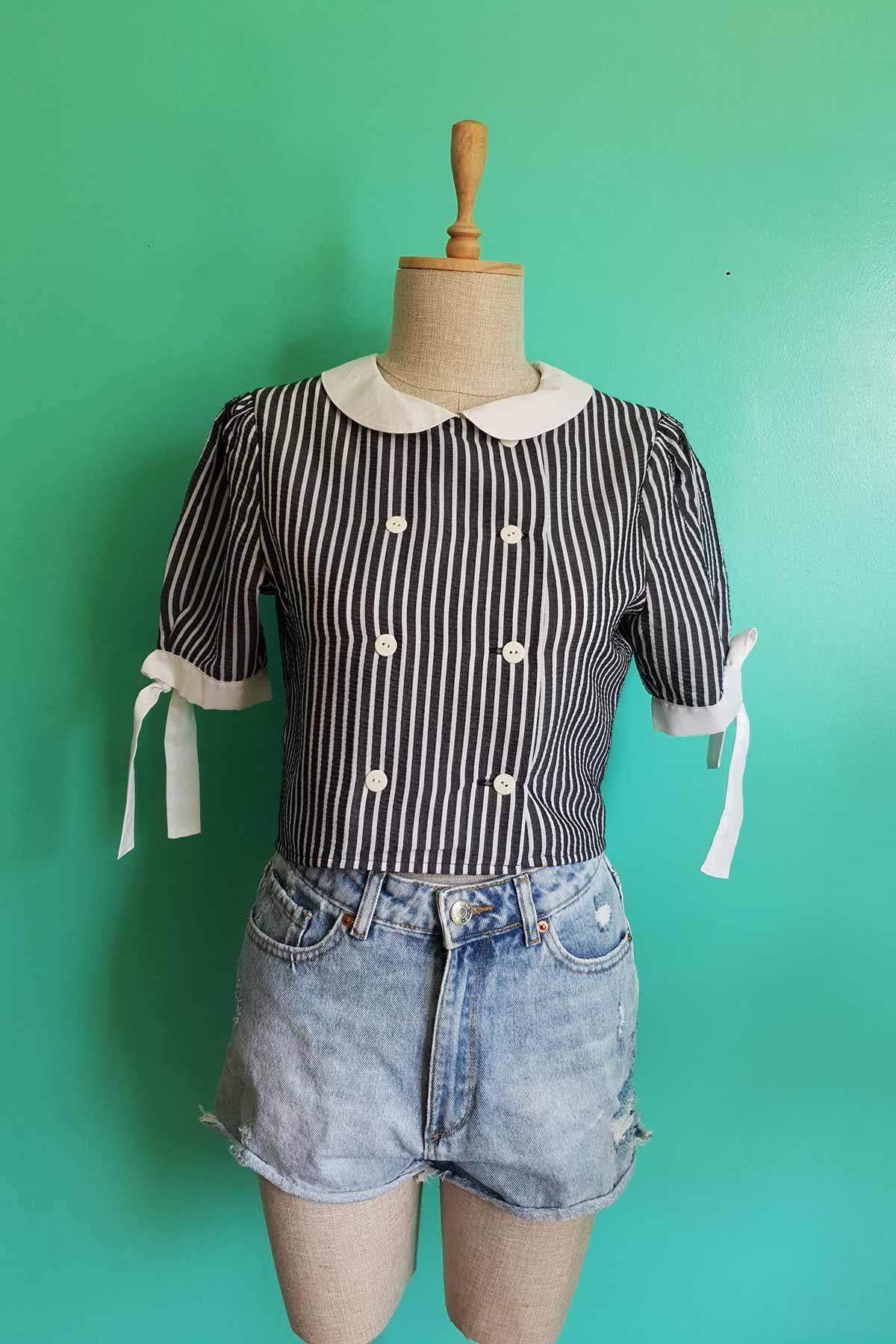 Vintage Bebe Yaka Çizgili Pamuk Gömlek