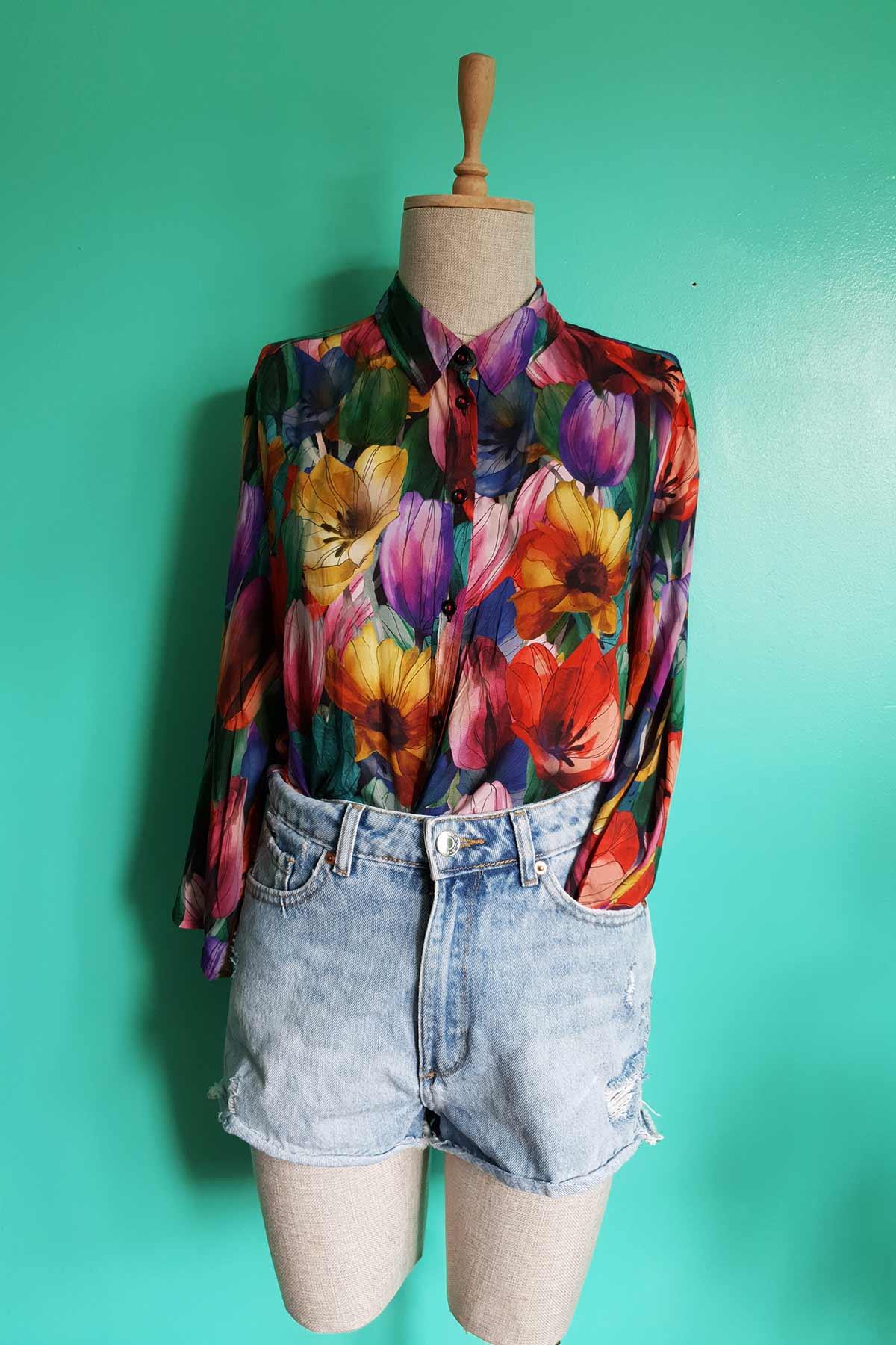 Vintage Çiçek Desenli Oversize Gömlek