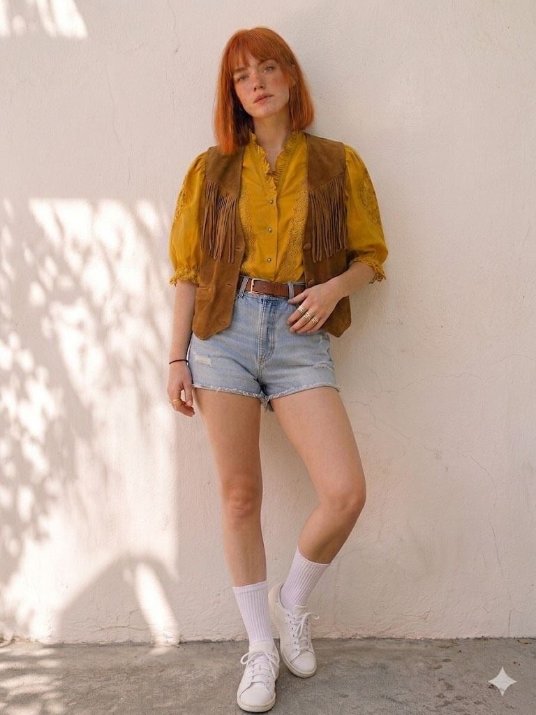 Vintage Delik İşi Hardal Cotton Gömlek